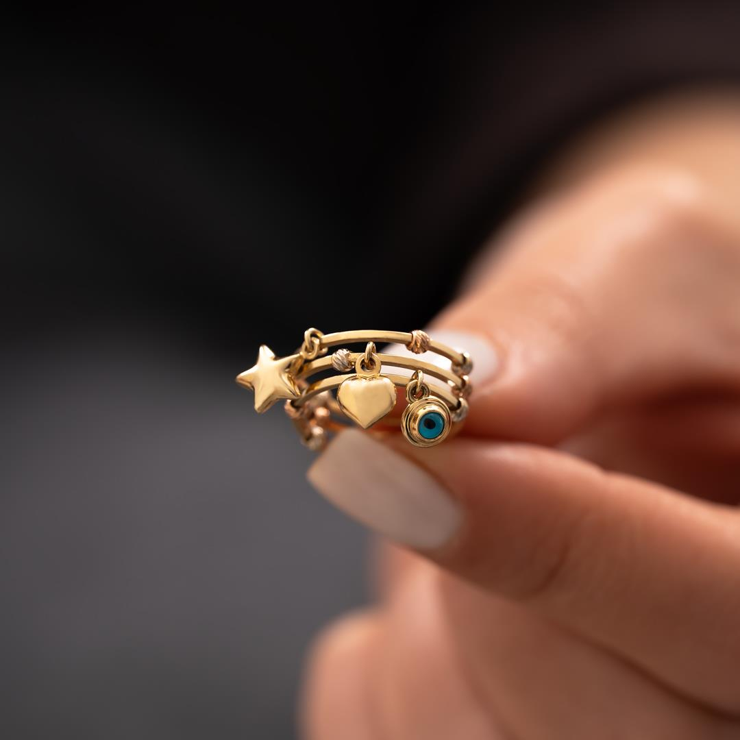 Üç Sıra Nazar Sallantılı Altın Yüzük