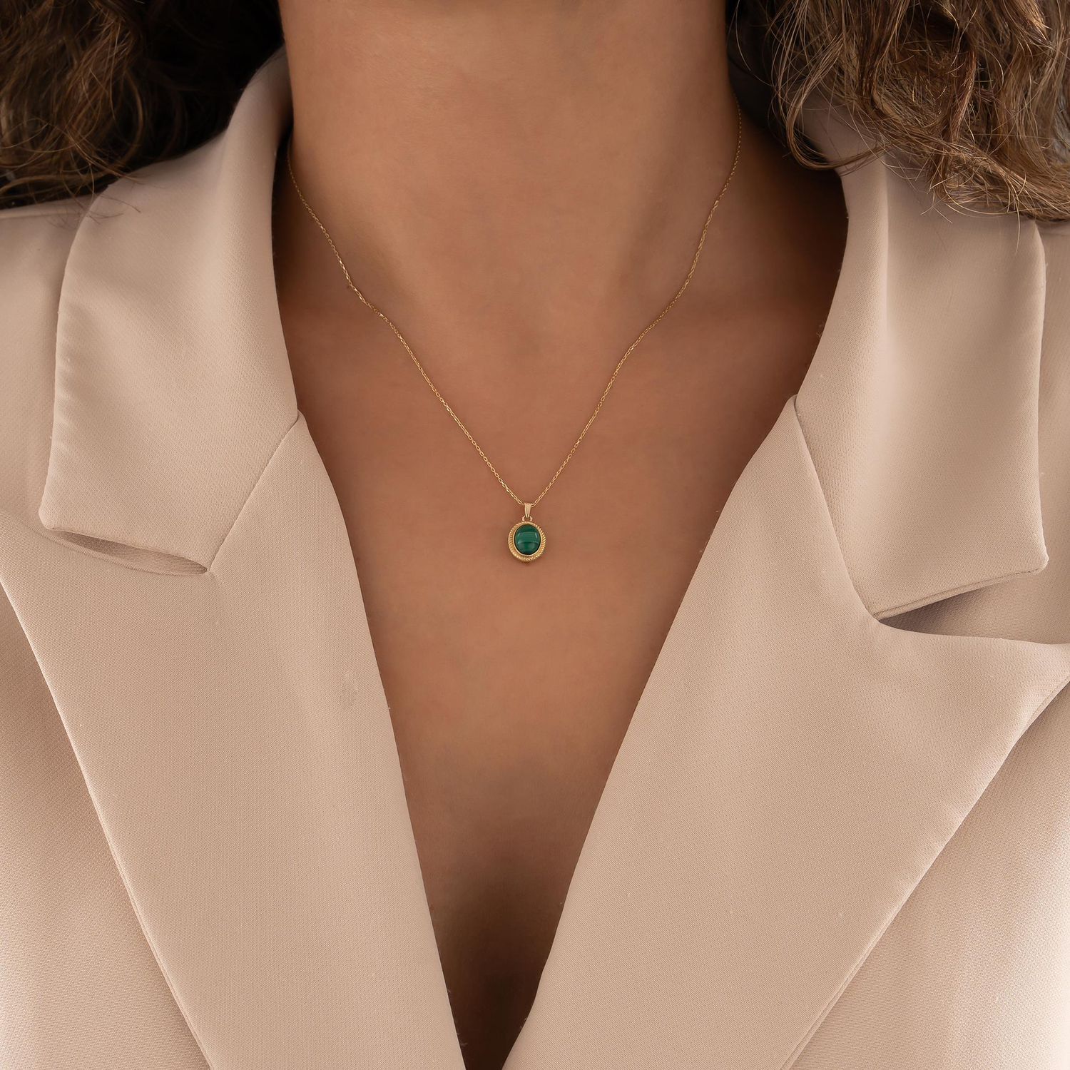 Yeşil Firuze Taşlı 14 Ayar Altın Kolye