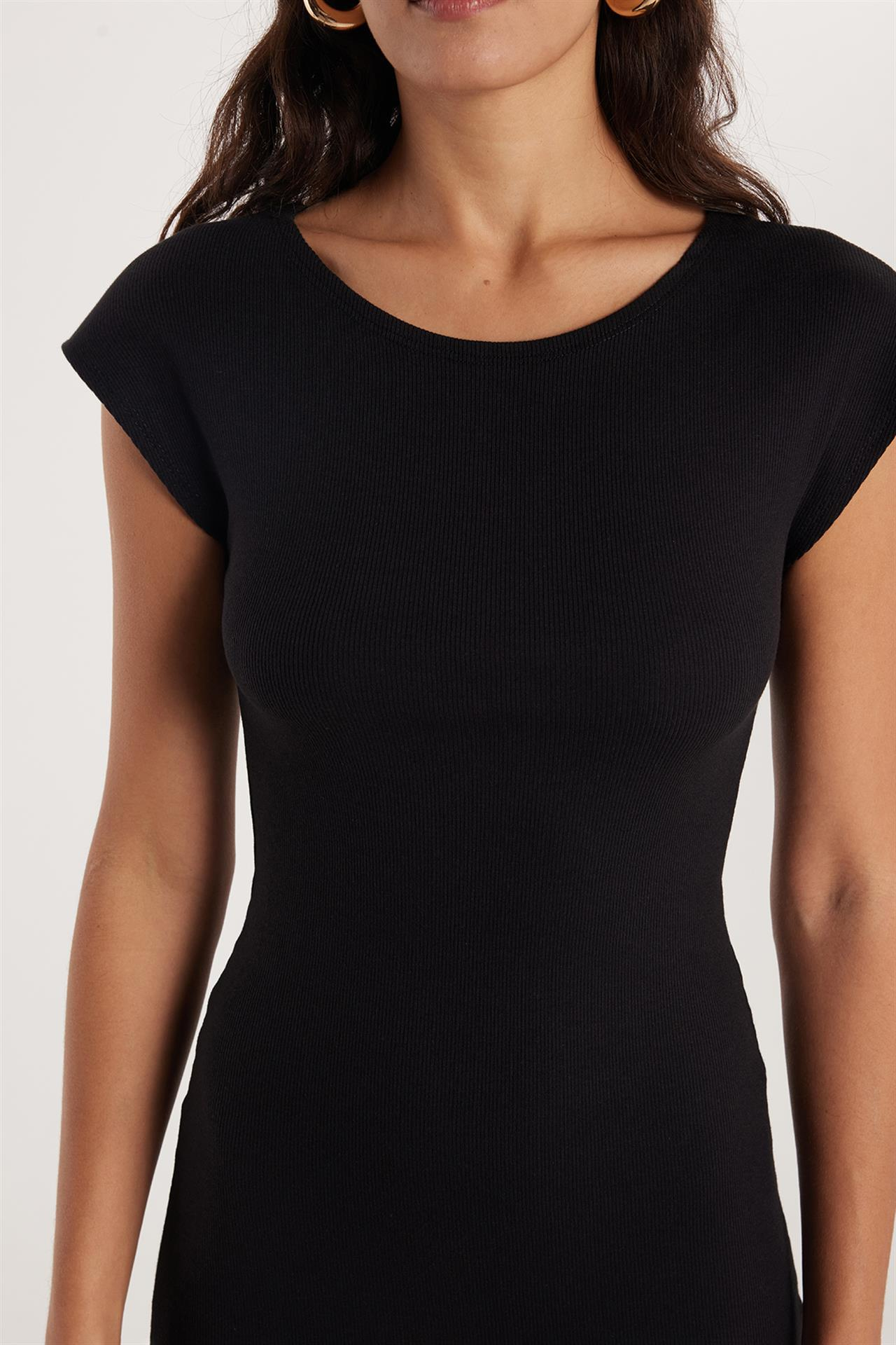 Kadın Modal Kumaş Slim Fit Dar Kesim Kısa Kollu Bisiklet Yaka Siyah Elbise