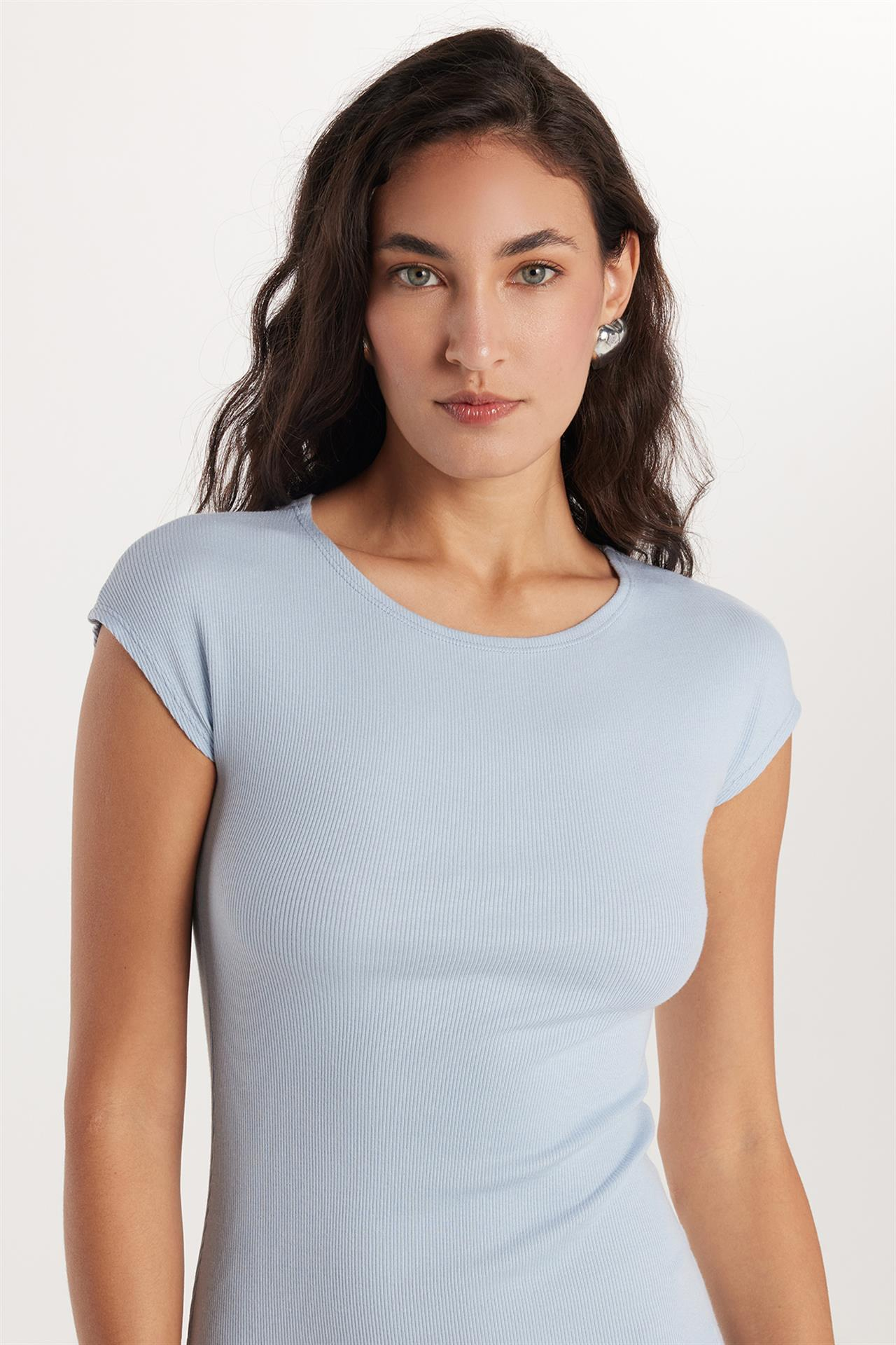 Kadın Modal Kumaş Slim Fit Dar Kesim Kısa Kollu Bisiklet Yaka Mavi Elbise