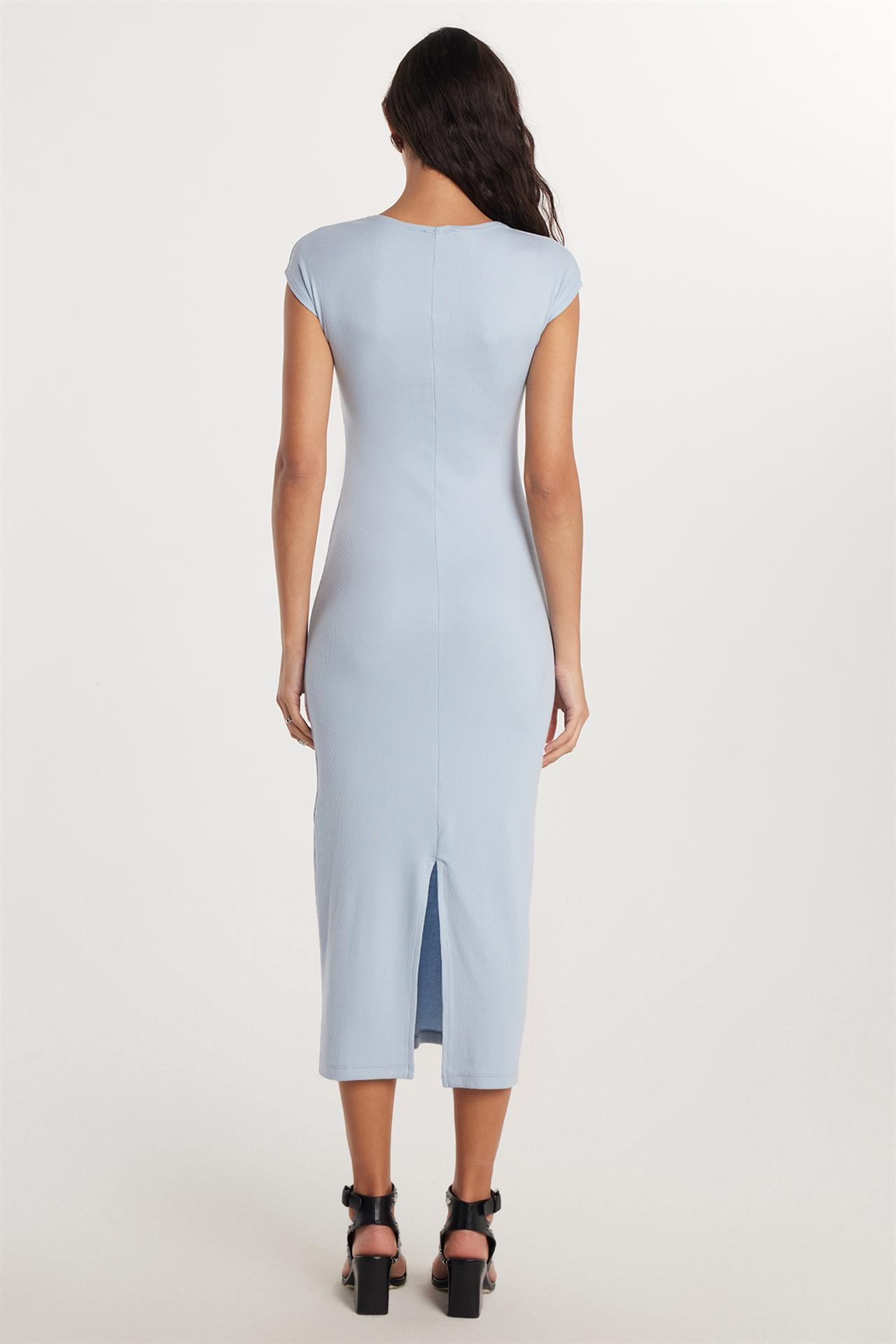 Kadın Modal Kumaş Slim Fit Dar Kesim Kısa Kollu Bisiklet Yaka Mavi Elbise