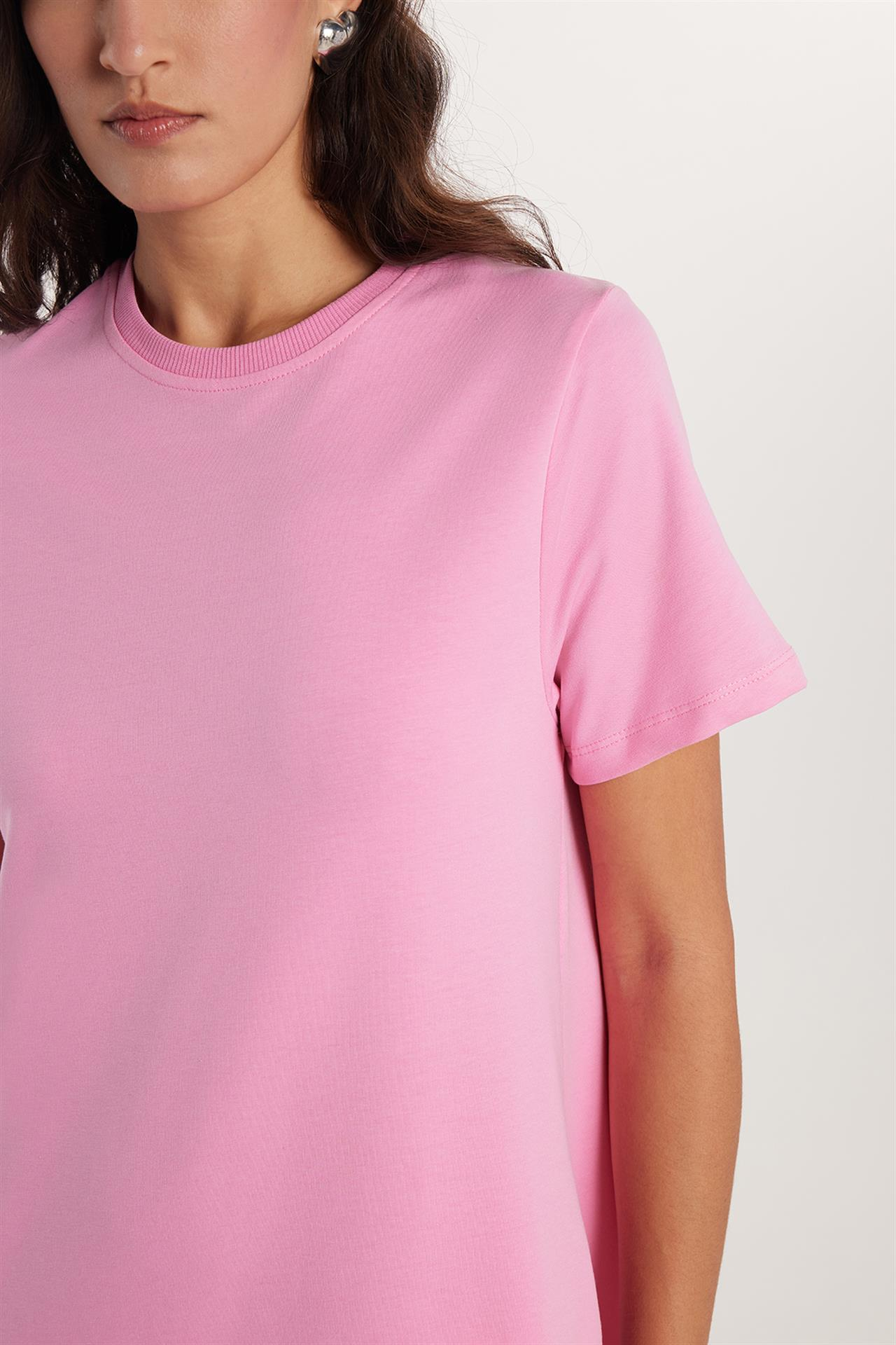 Kadın Regular Fit Kısa Kollu Yan Cepli Bisiklet Yaka Pembe Elbise