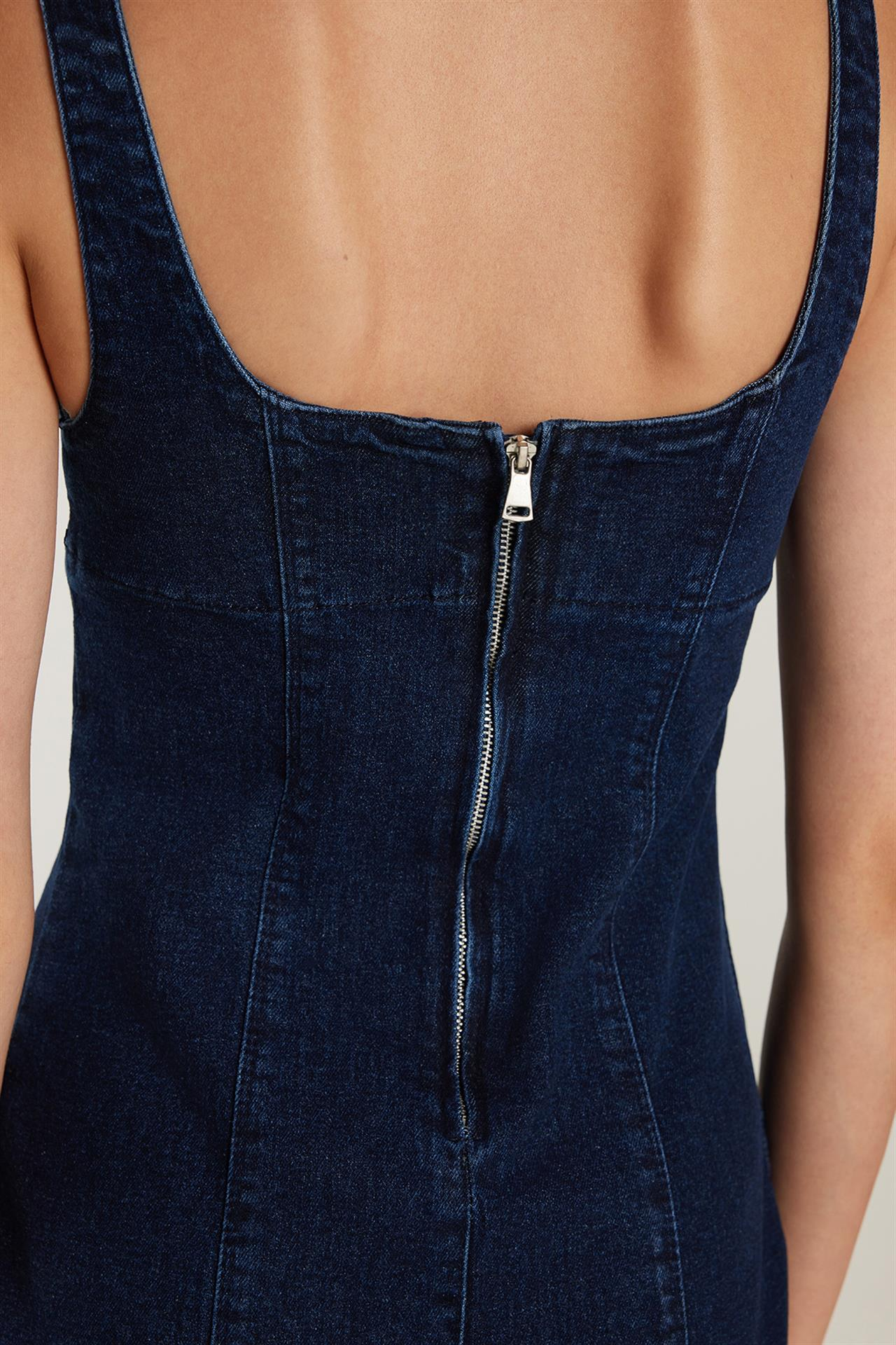 Kadın Slim Fit Dar Kesim Askılı U Yaka Denim Elbise
