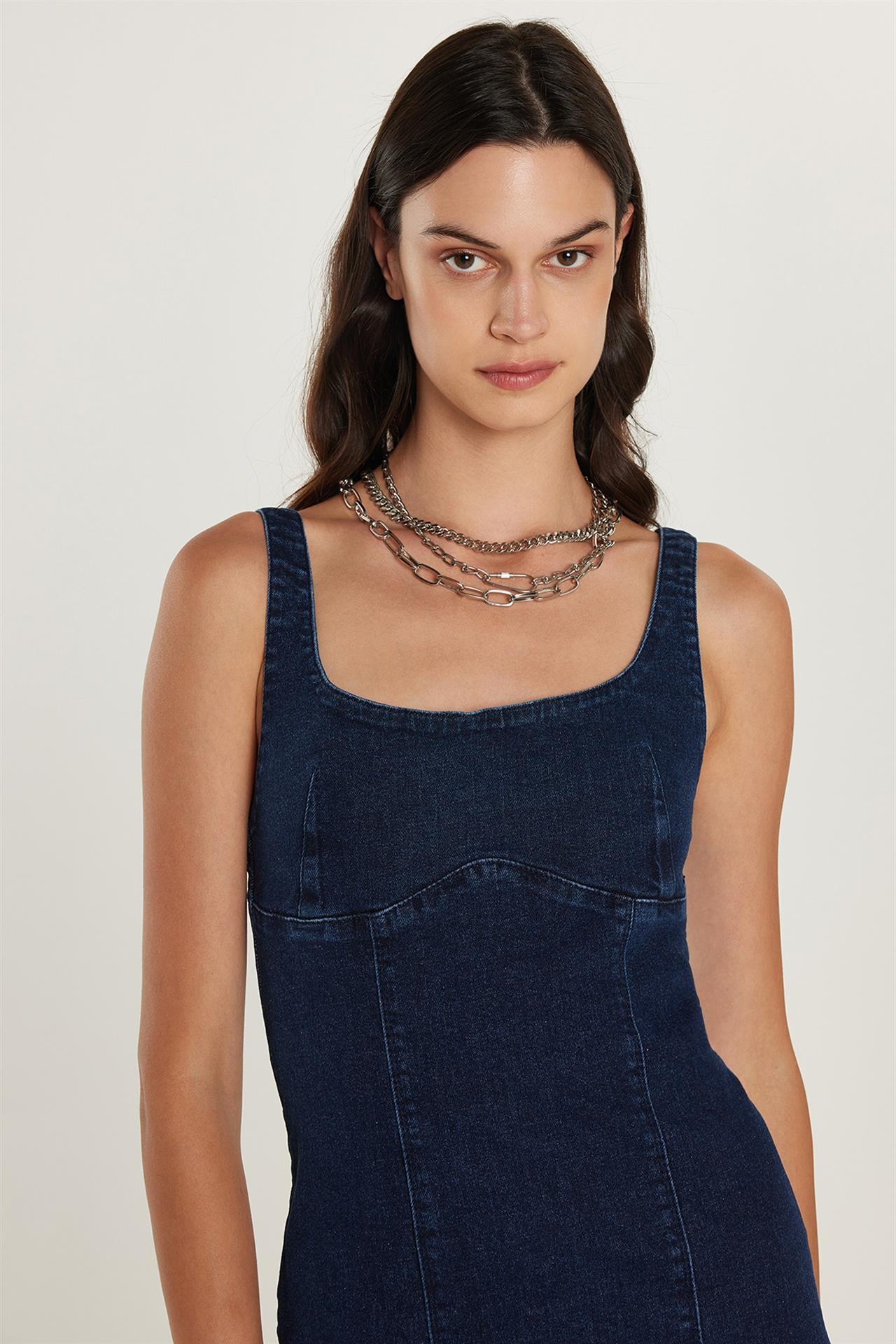 Kadın Slim Fit Dar Kesim Askılı U Yaka Denim Elbise