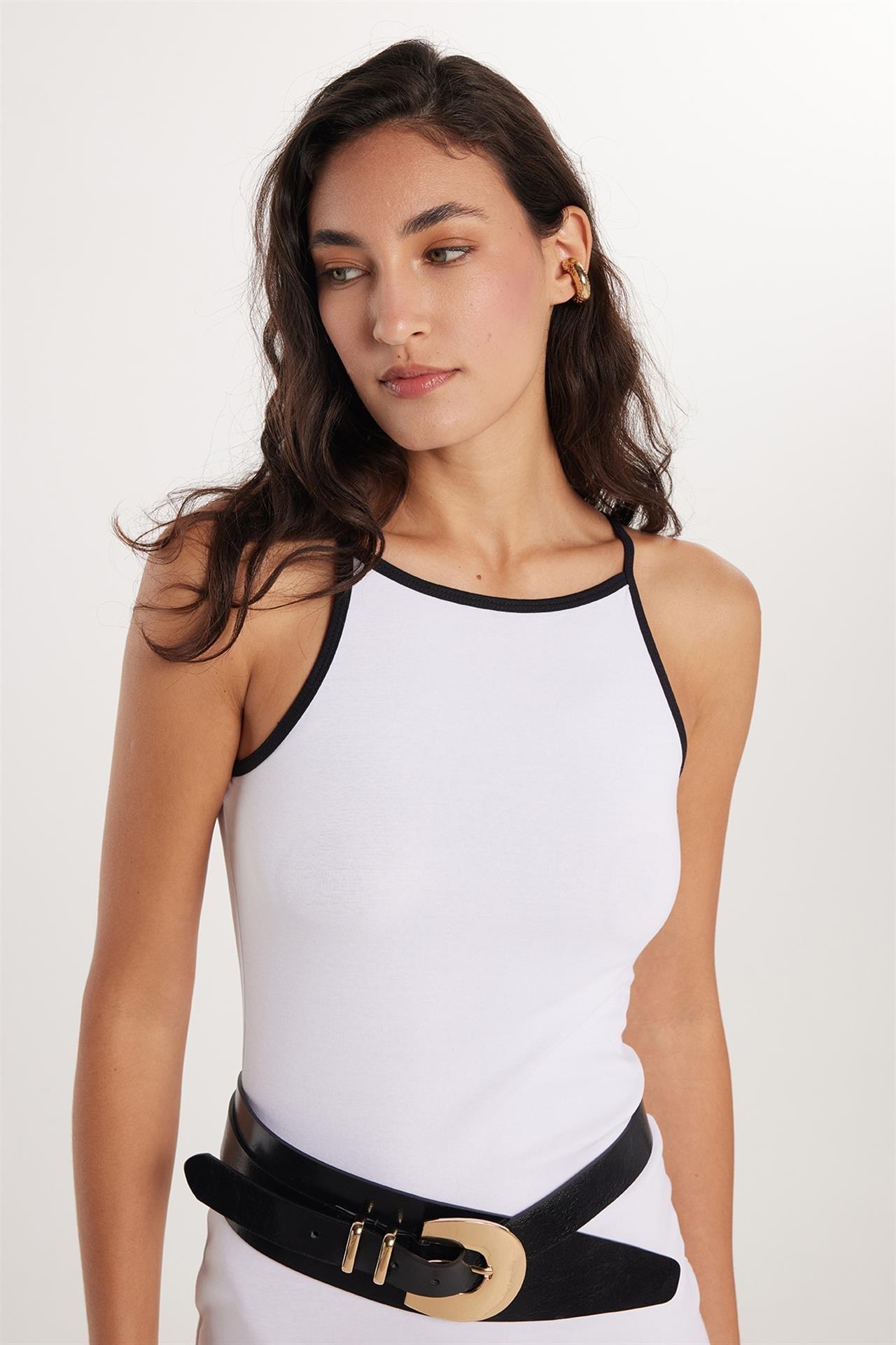 Kadın Slim Fit Dar Kesim İnce Askılı Halter Yaka Mini Beyaz Elbise