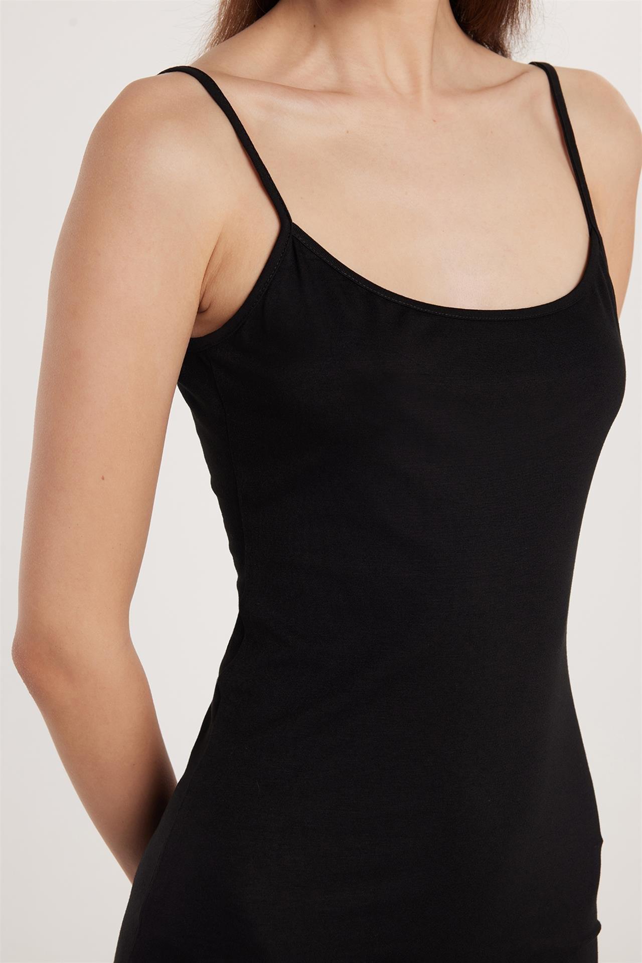 Kadın Slim Fit Dar Kesim İnce Askılı U Yaka Siyah Elbise