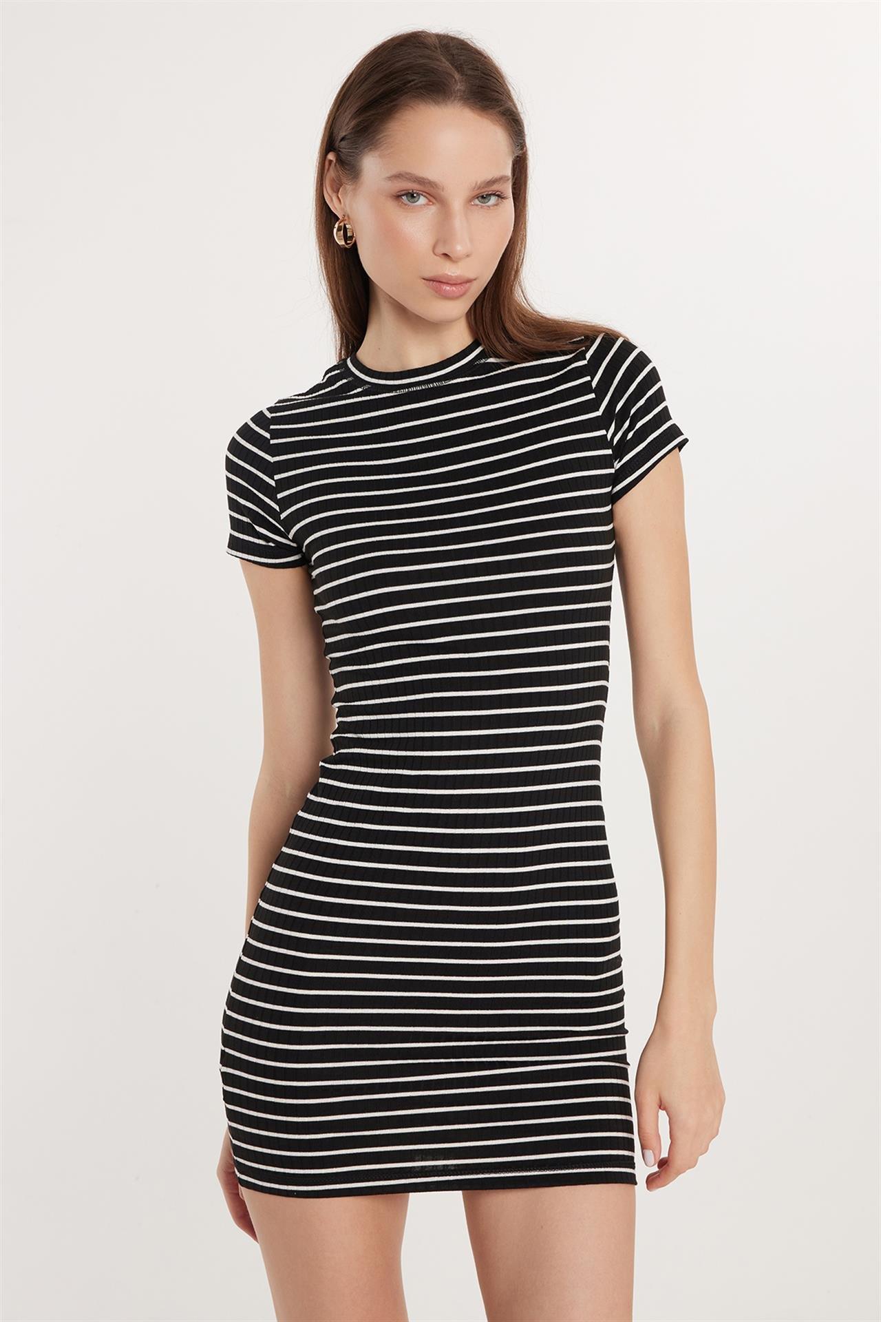 Kadın Slim Fit Dar Kesim Kısa Kollu Bisiklet Yaka Çizgili Elbise