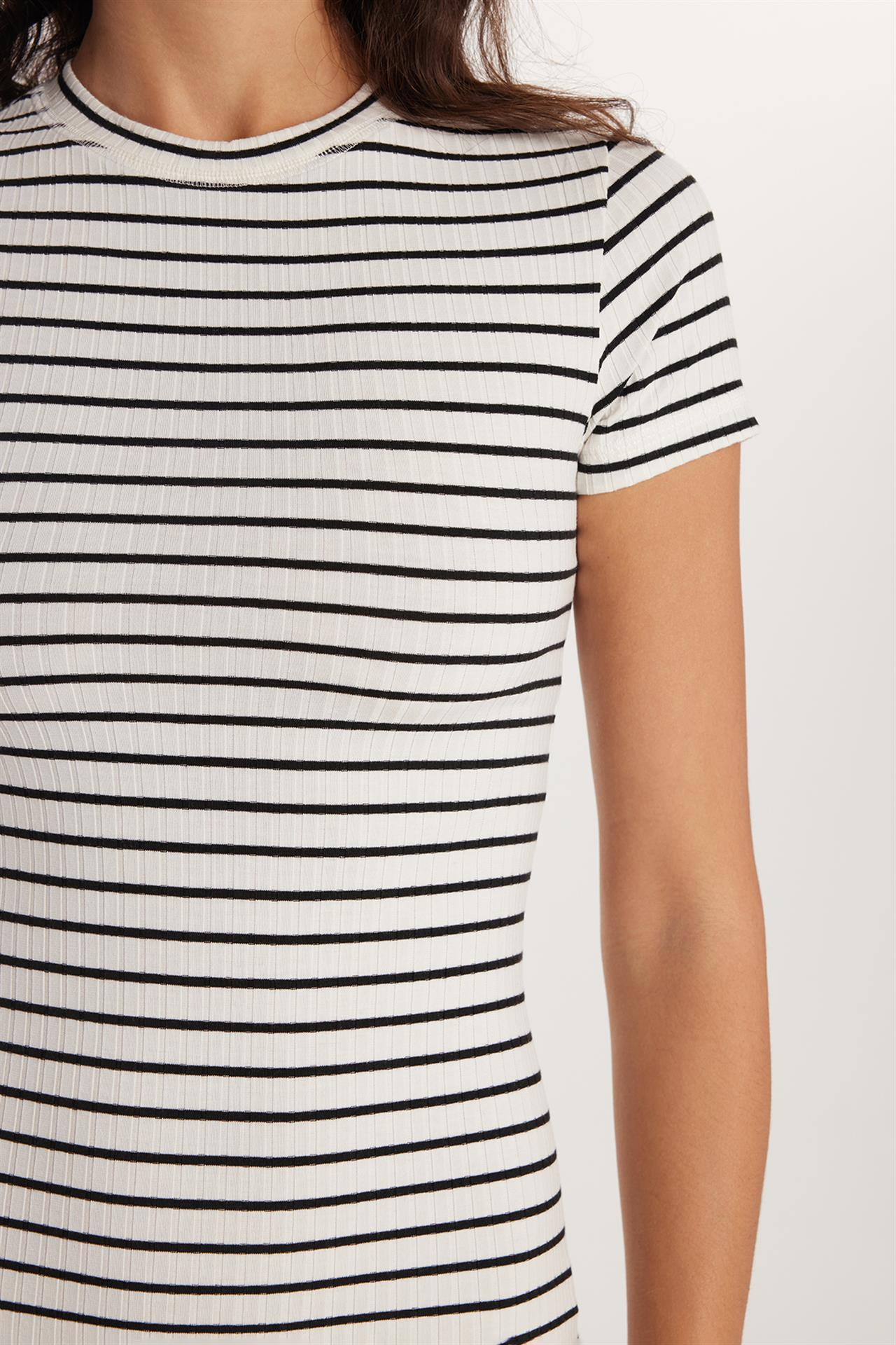 Kadın Slim Fit Dar Kesim Kısa Kollu Bisiklet Yaka Çizgili Elbise
