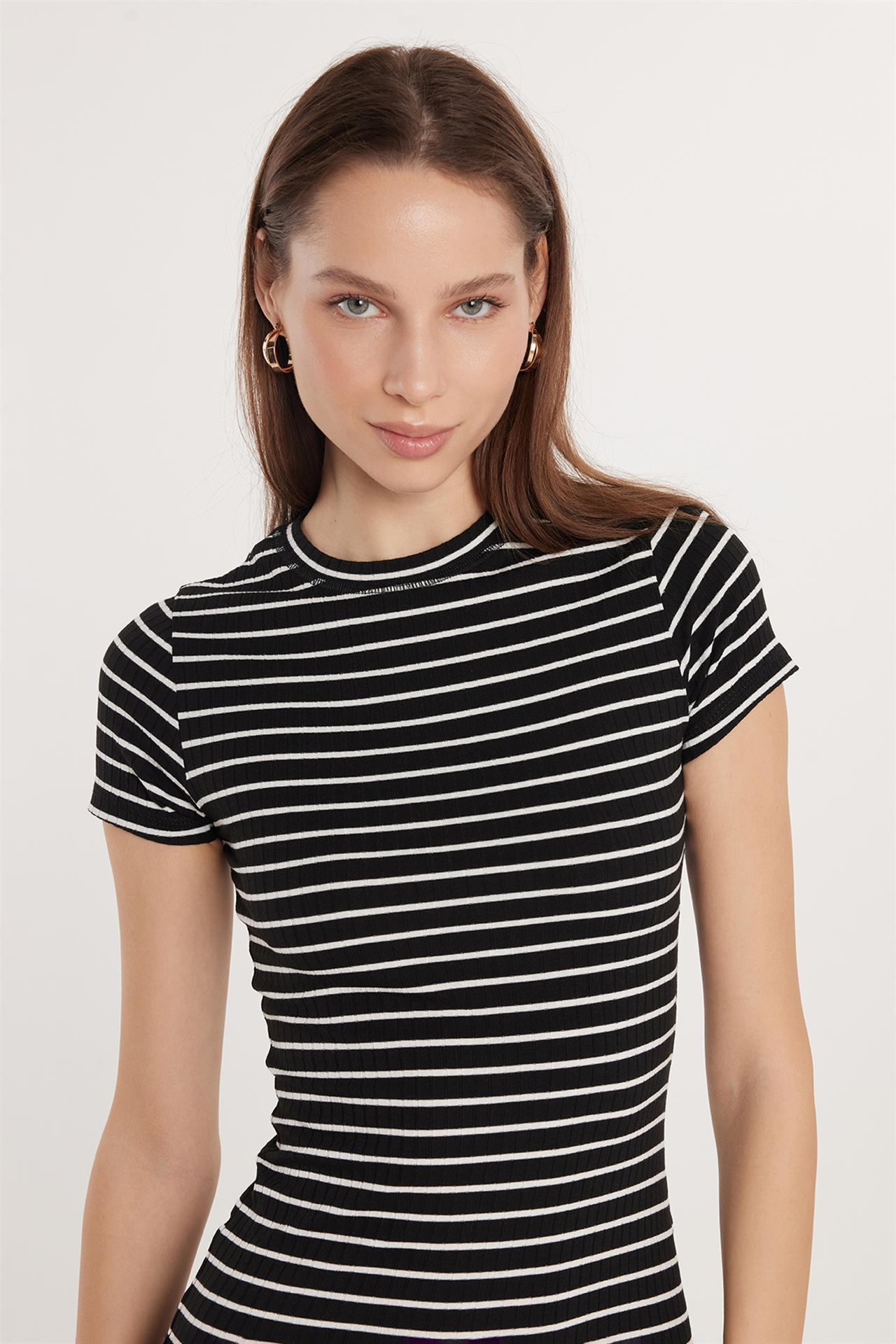 Kadın Slim Fit Dar Kesim Kısa Kollu Bisiklet Yaka Çizgili Elbise