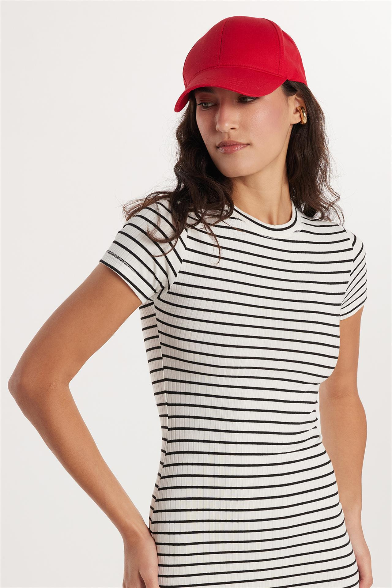 Kadın Slim Fit Dar Kesim Kısa Kollu Bisiklet Yaka Çizgili Elbise