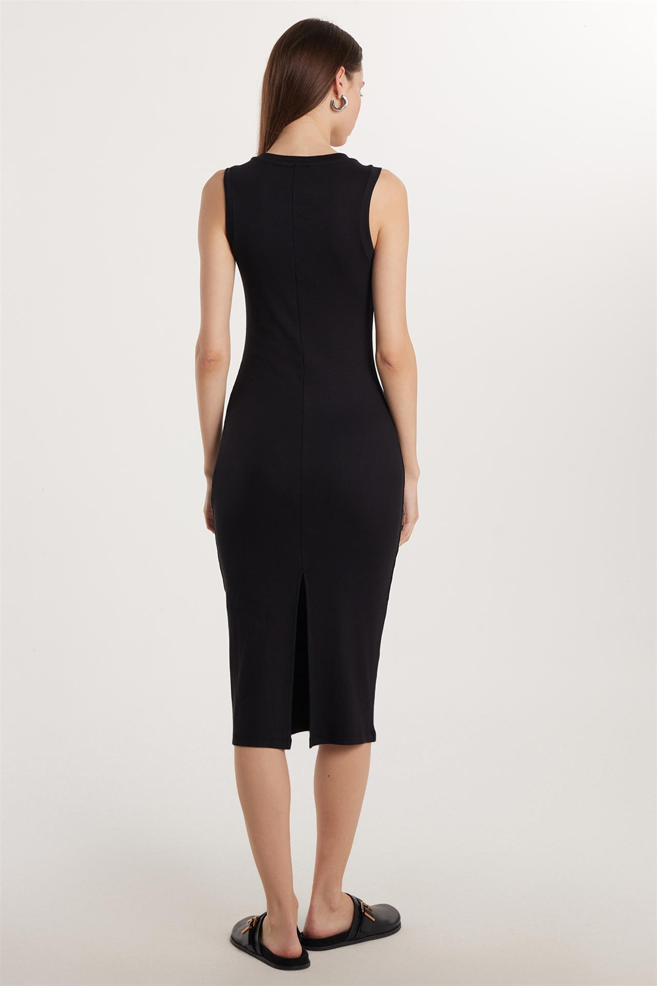 Kadın Slim Fit Dar Kesim Modal Bisiklet Yaka Sıfır Kol Maxi Siyah Elbise