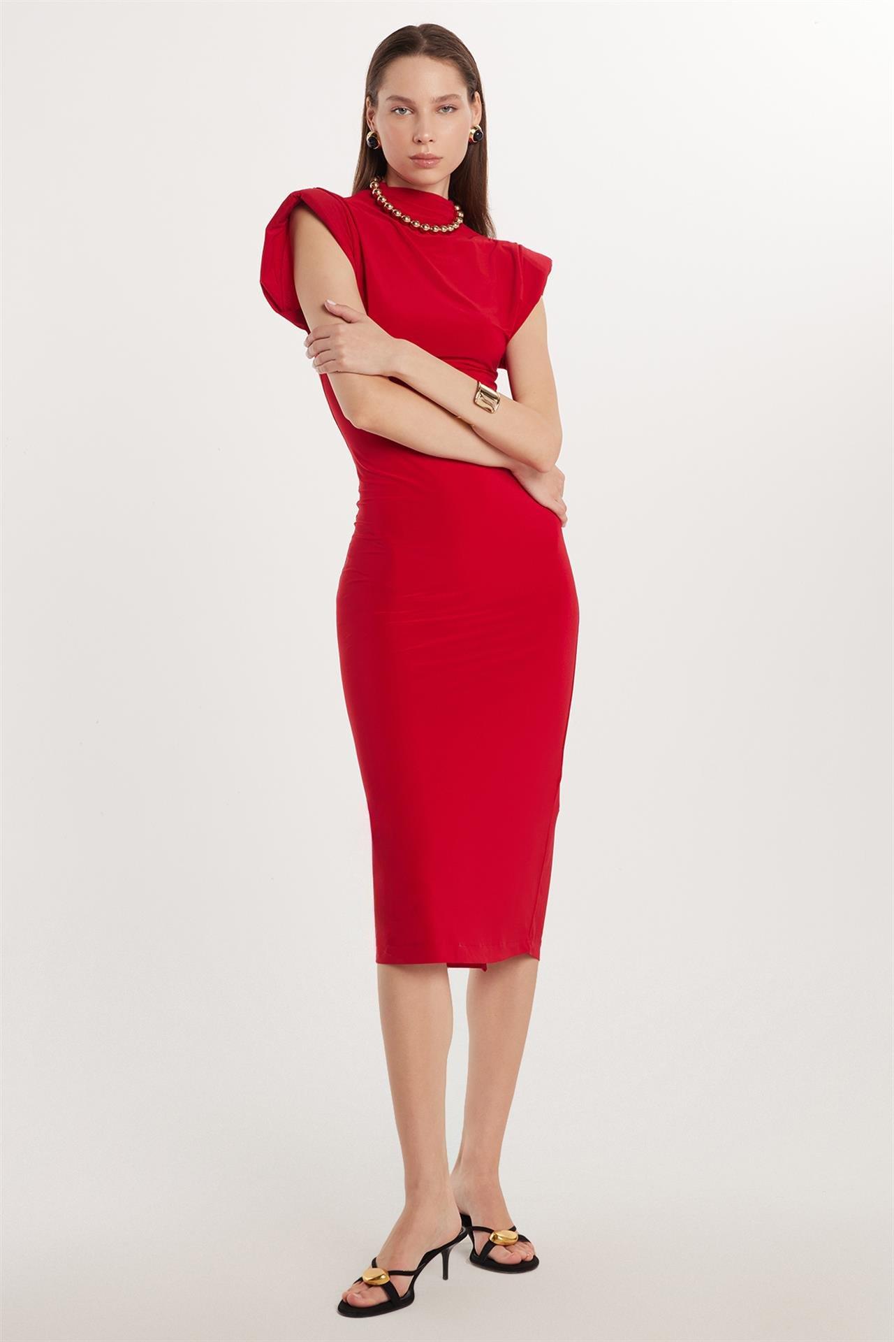 Kadın Slim Fit Dar Kesim Sıfır Kol Yarım Balıkçı Yaka Kırmızı Elbise