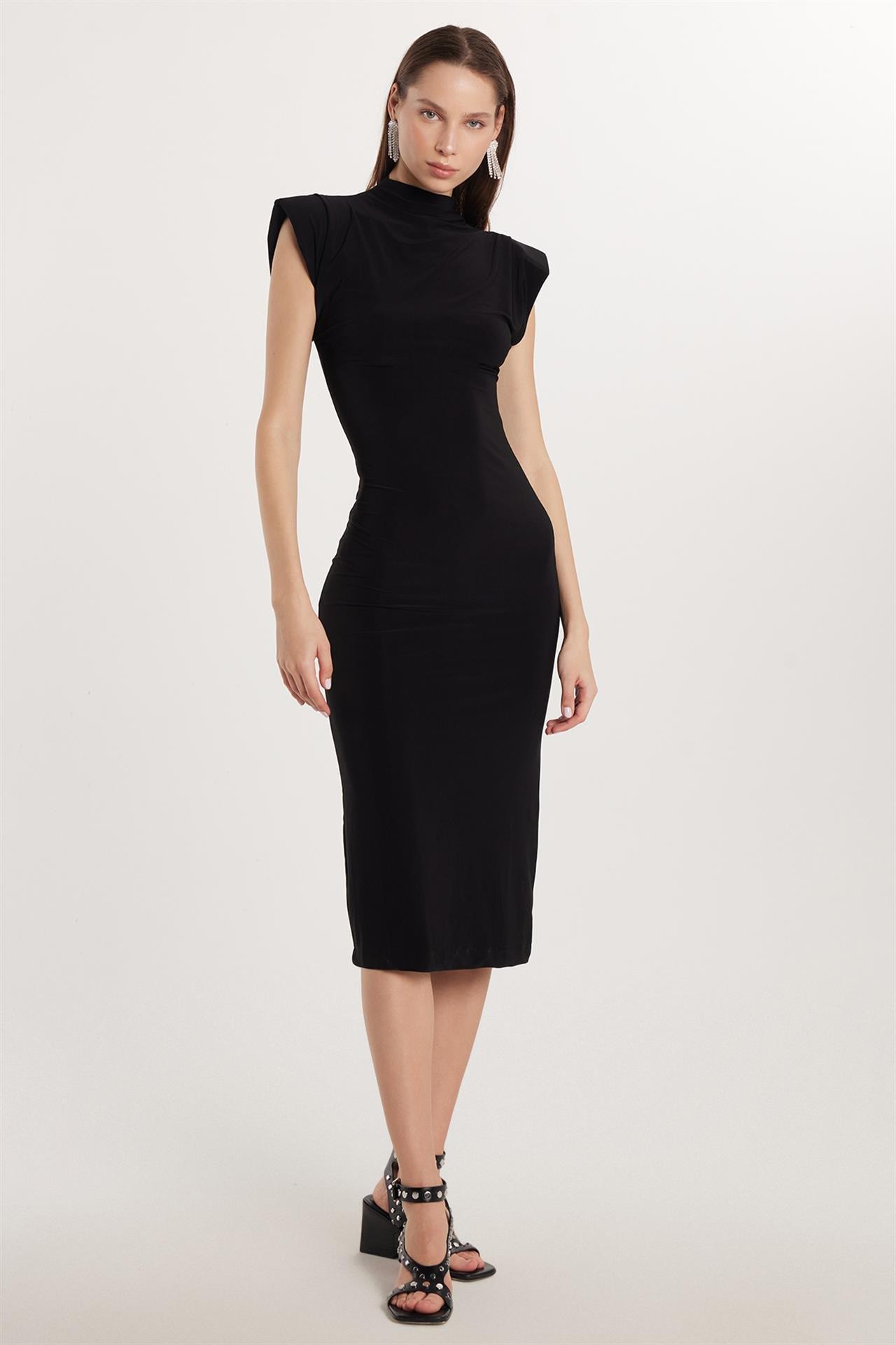 Kadın Slim Fit Dar Kesim Sıfır Kol Yarım Balıkçı Yaka Siyah Elbise