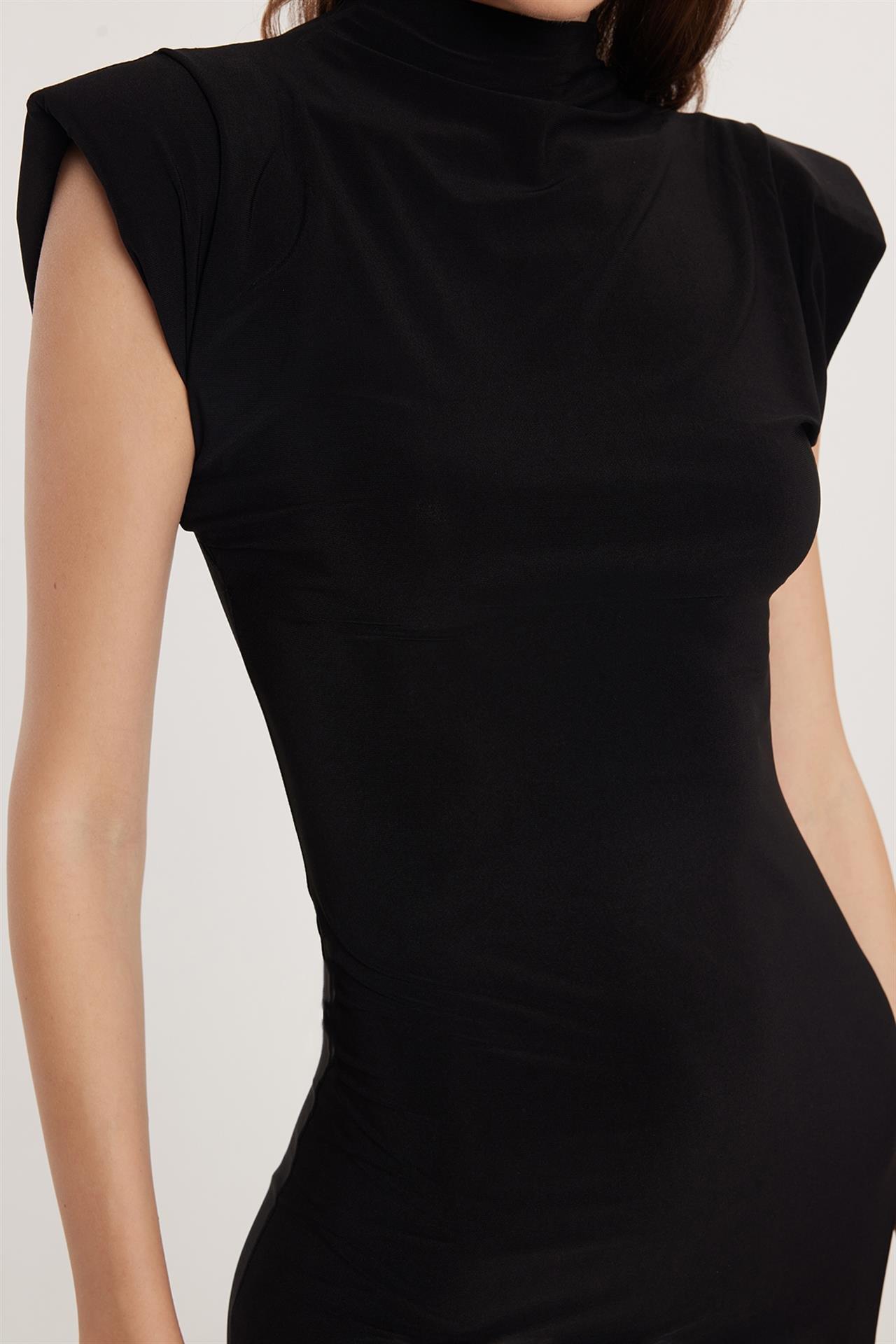 Kadın Slim Fit Dar Kesim Sıfır Kol Yarım Balıkçı Yaka Siyah Elbise