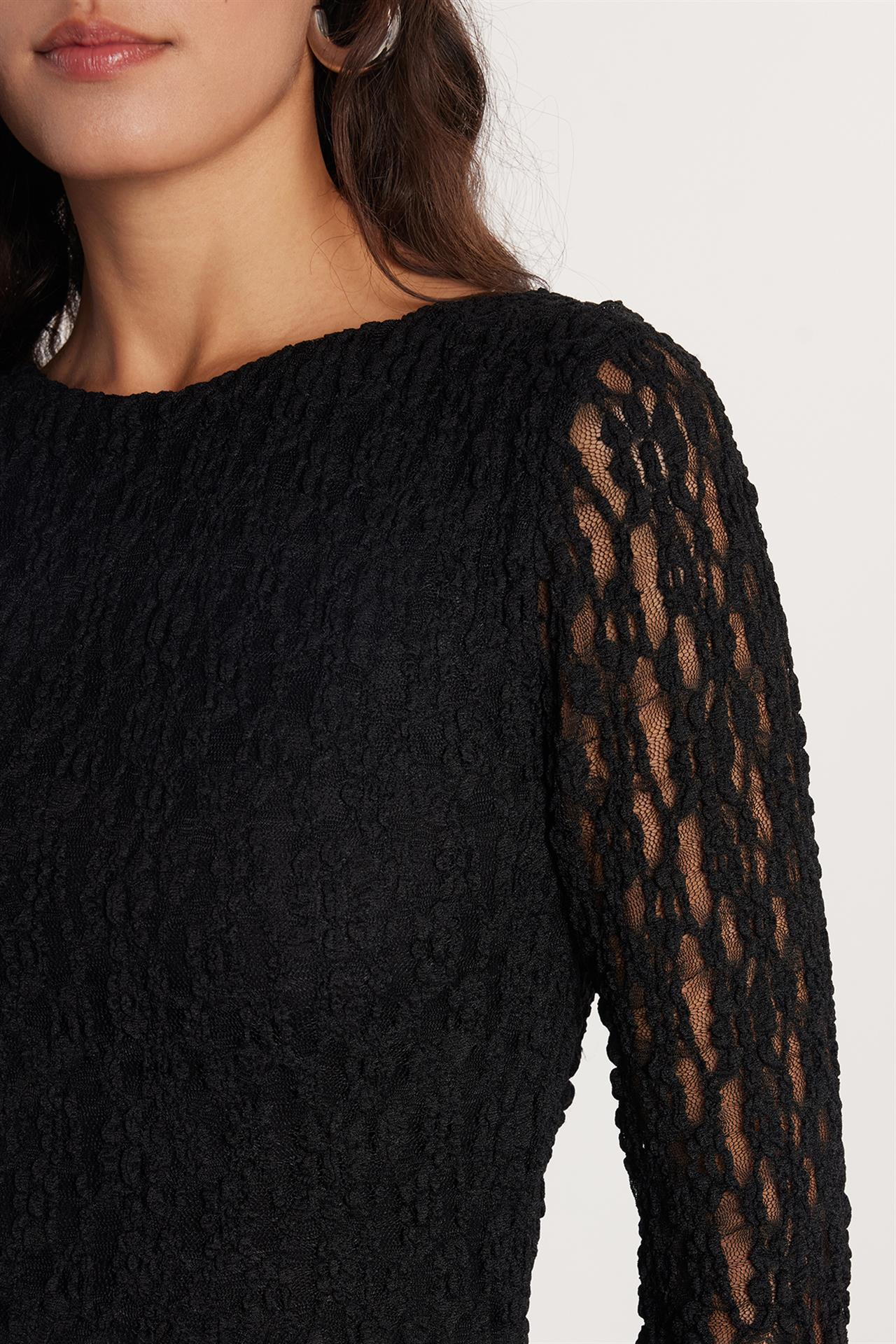 Kadın Slim Fit Dar Kesim Uzun Kollu Sırt Dekolteli Örgü Detaylı Siyah Elbise