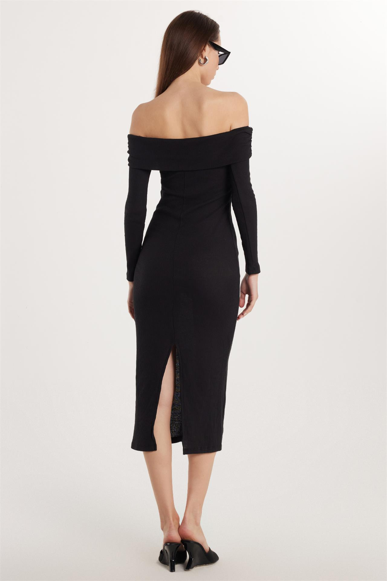 Kadın Slim Fit Dar Kesim Uzun Kollu Straplez Siyah Elbise