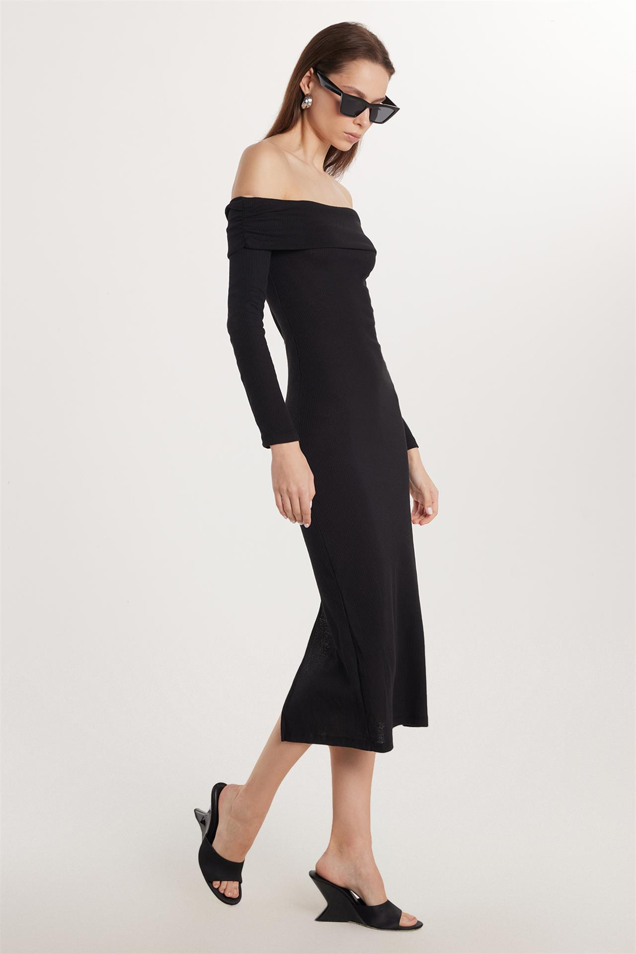 Kadın Slim Fit Dar Kesim Uzun Kollu Straplez Siyah Elbise