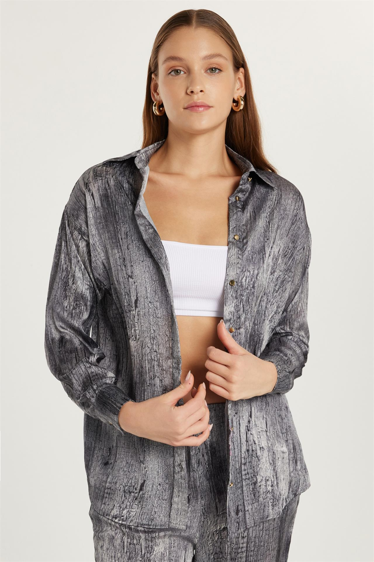 Kadın Slim Fit Uzun Kol Düğmeli Baskılı Gömlek Yaka Siyah Elbise