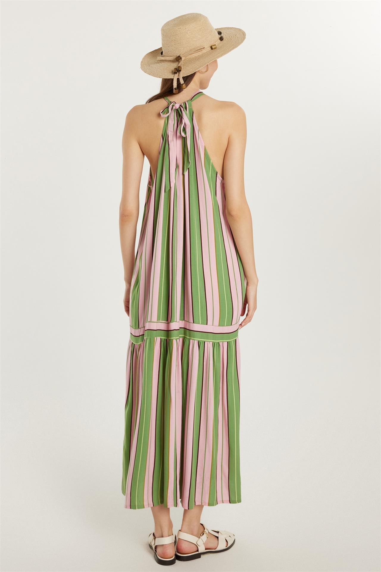 Kadın Standart Fit Viskon Kuşaklı Çizgili Uzun Elbise