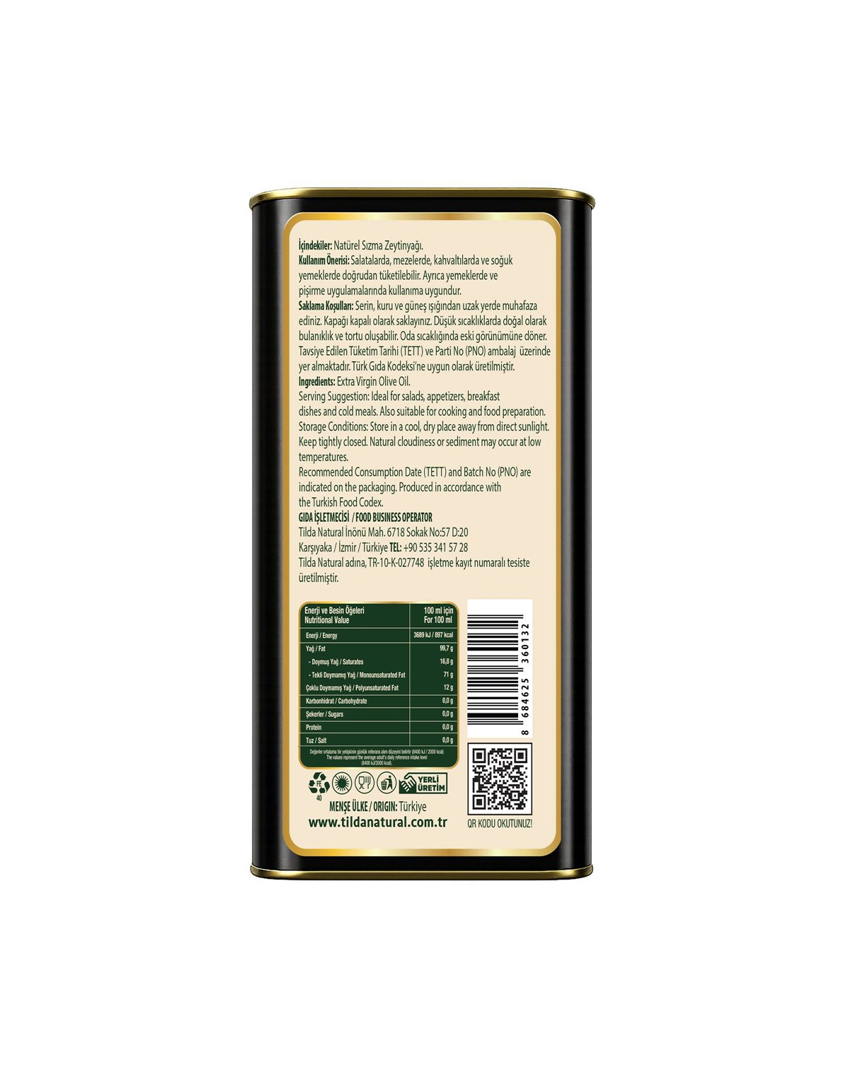 Tilda Erken Hasat Soğuk Sıkım Zeytinyağı Tnk 1000 Ml