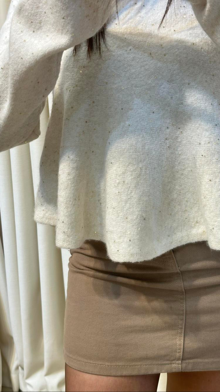 Bej Renk Parıltılı Peplum Triko