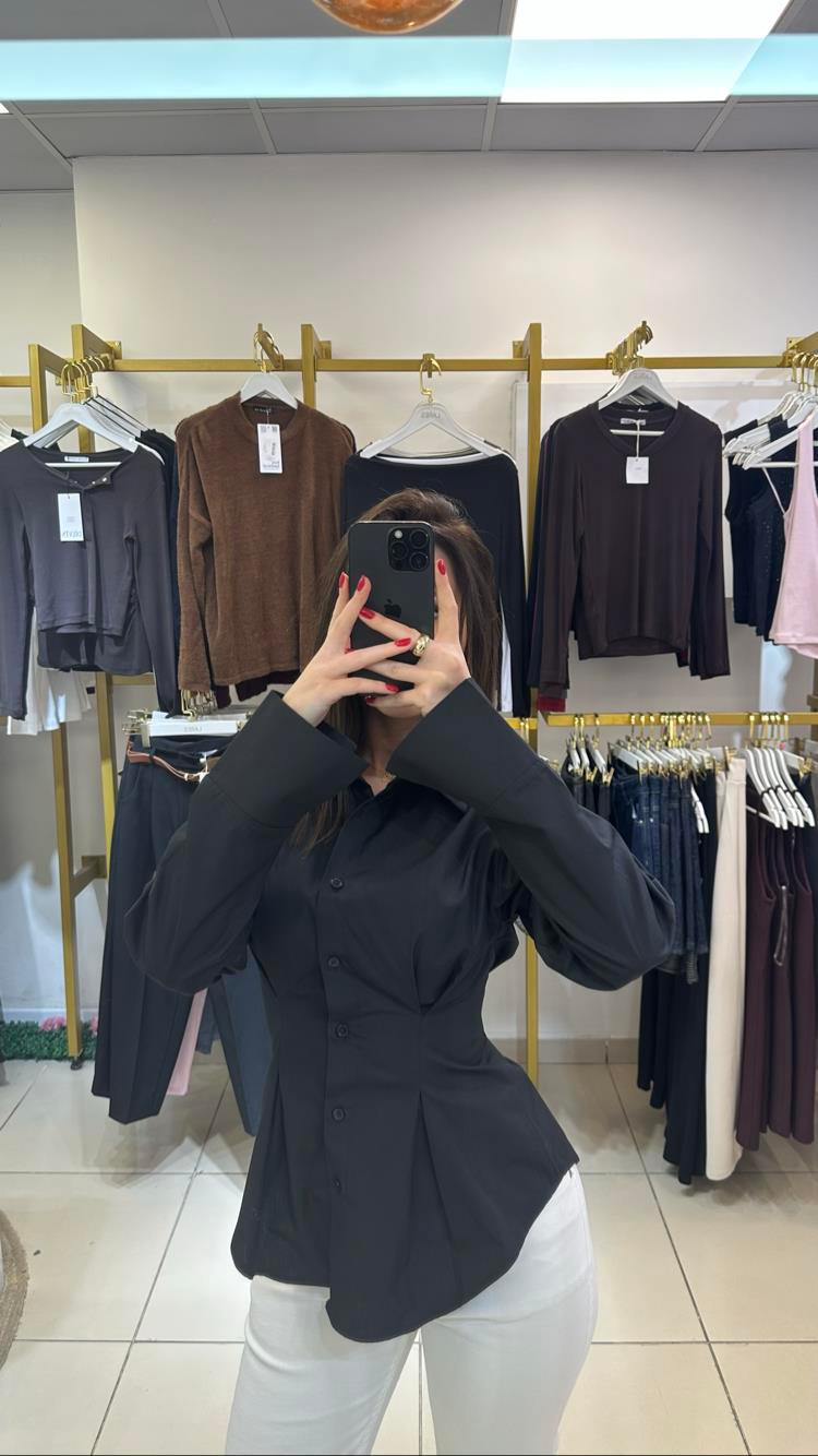 Belden Oturtmalı Siyah Renk Premium Poplin Gömlek