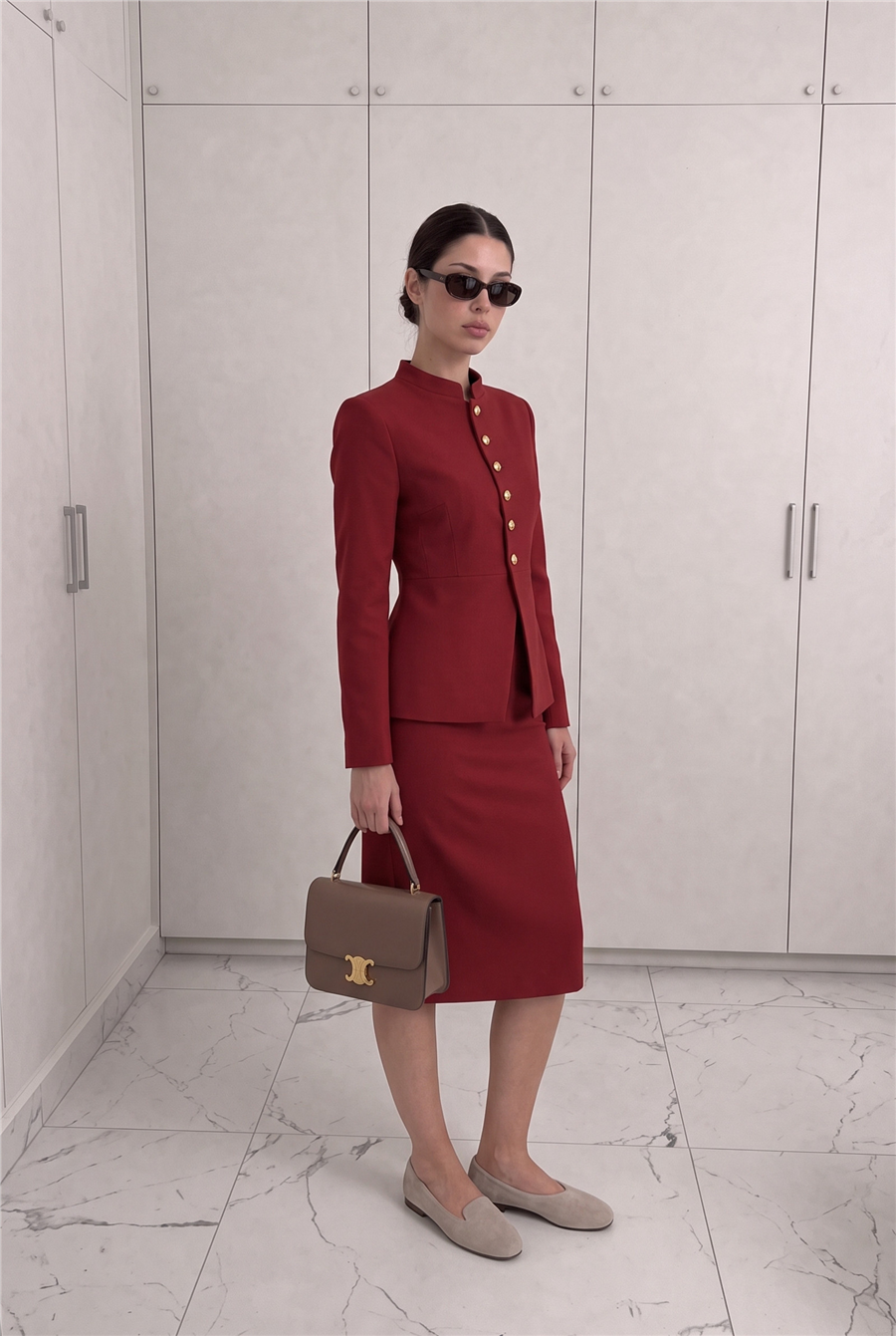 Alice Mücevher Düğmeli Hakim Yaka Ceket ve Midi Etek Takım Bordo