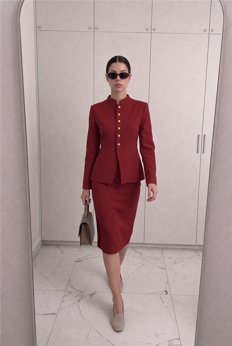 Alice Mücevher Düğmeli Hakim Yaka Ceket ve Midi Etek Takım Bordo
