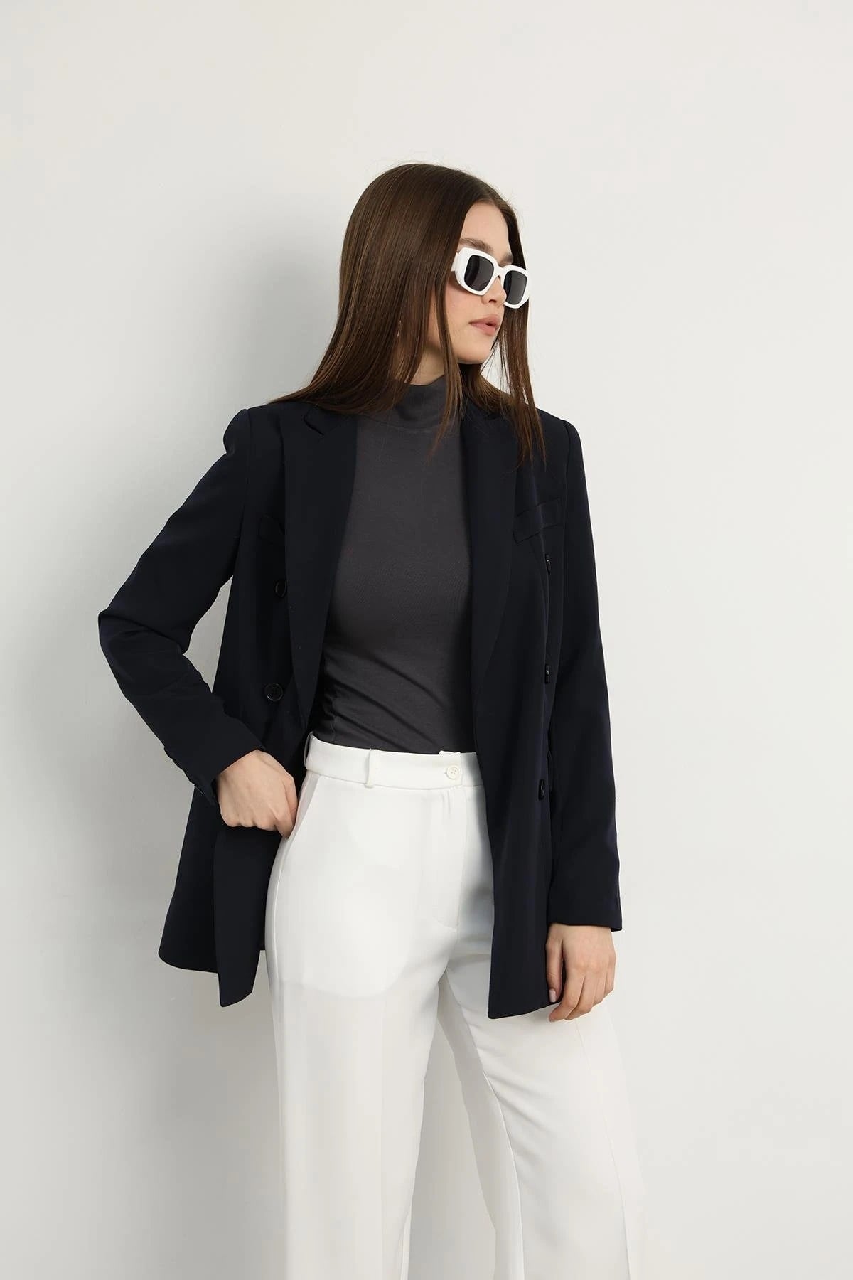 Aria Düğmeli Blazer Ceket Lacivert