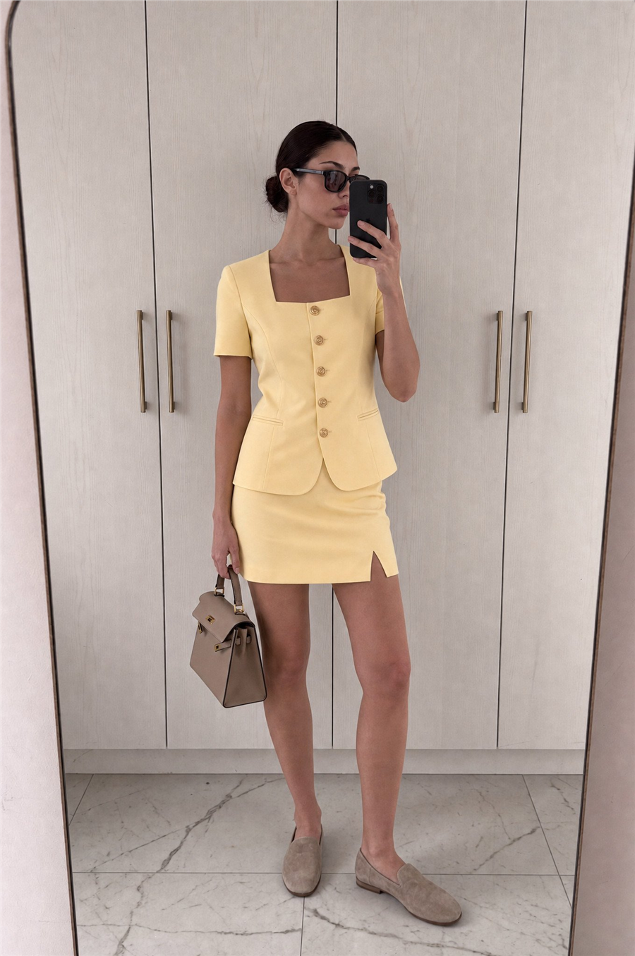 Ayliva Kısa Kollu Ceket & Mini Etek Takım Sarı