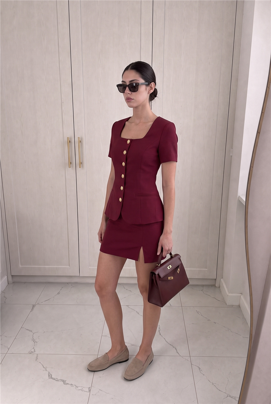 Ayliva Kısa Kollu Ceket & Mini Etek Takım Bordo