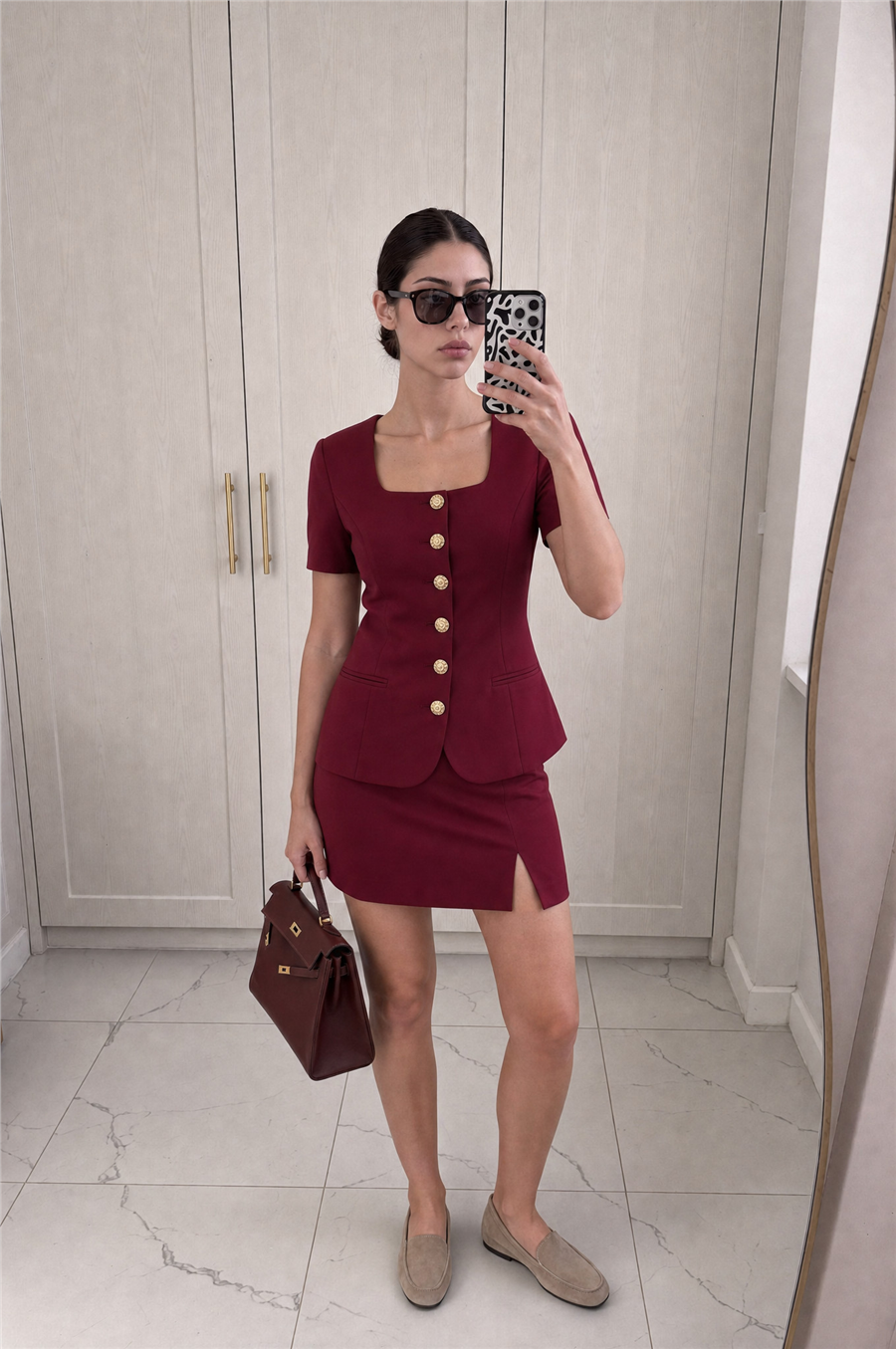 Ayliva Kısa Kollu Ceket & Mini Etek Takım Bordo