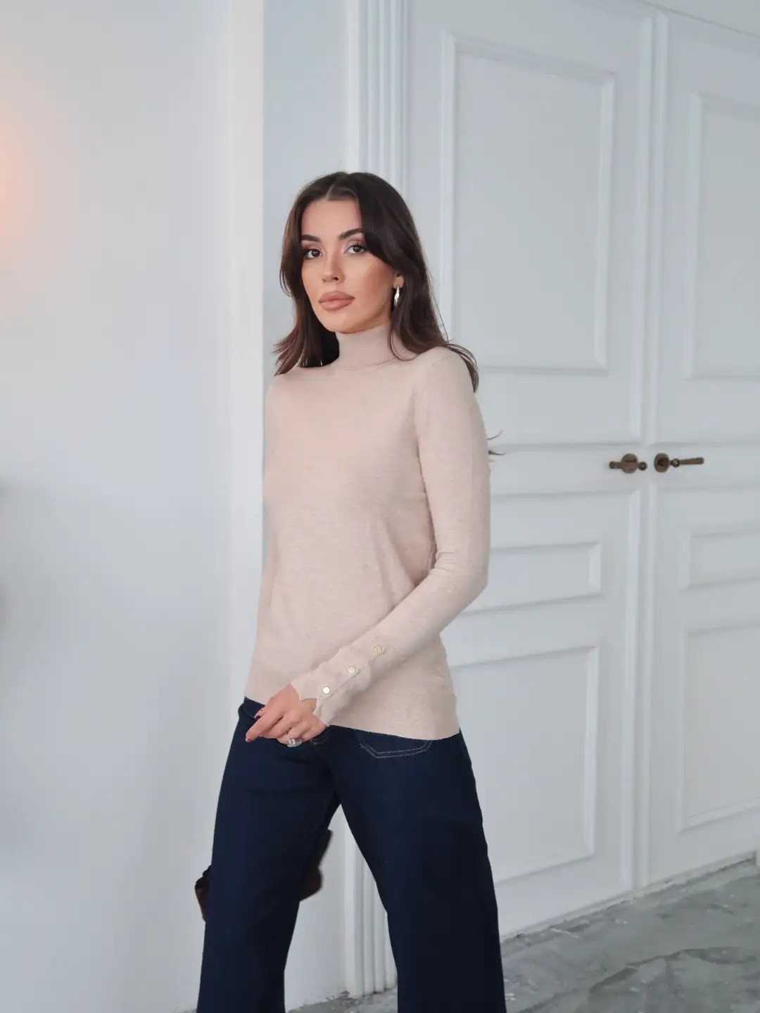Balıkçı Yaka Detaylı Kazak Bej