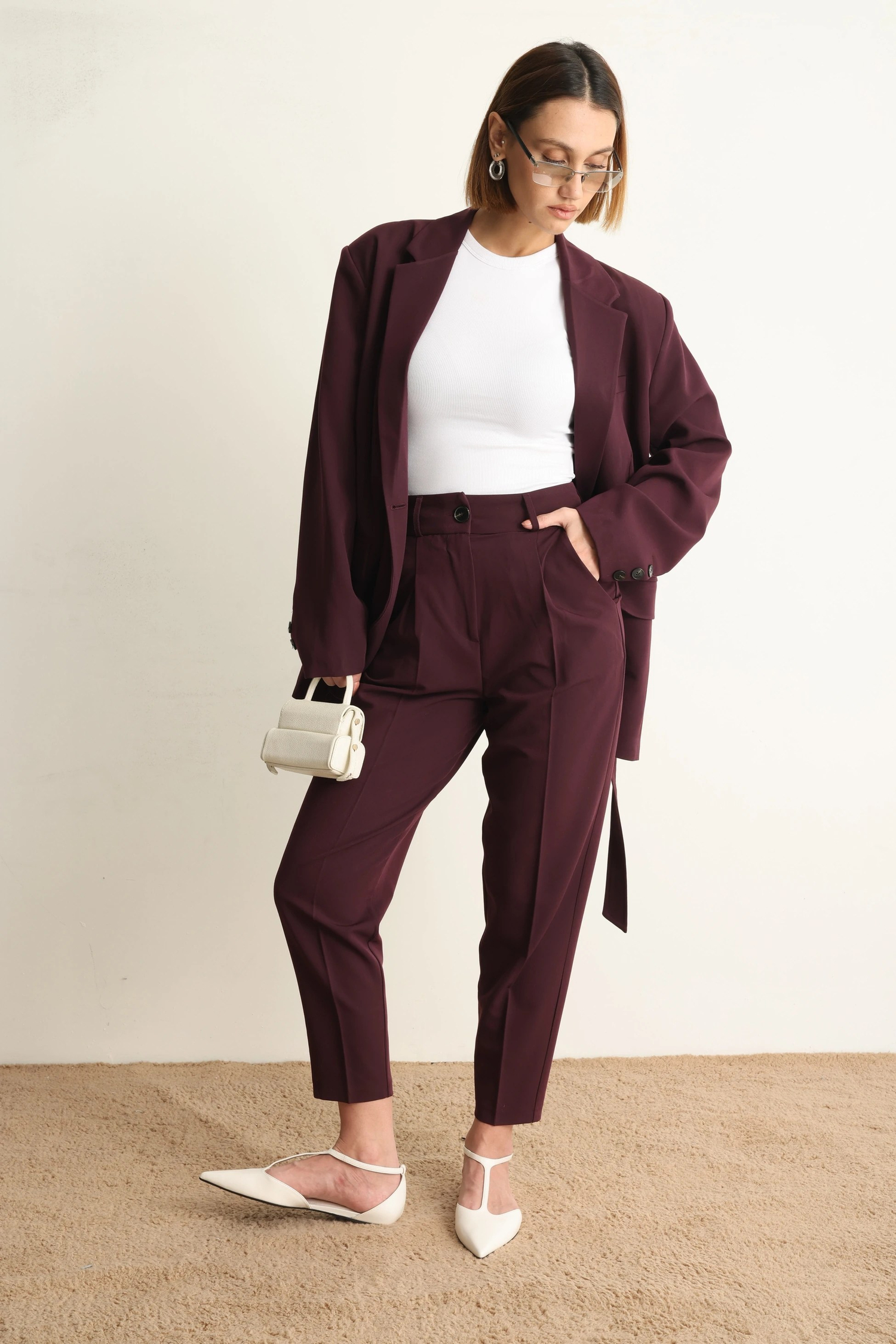 Bordo Kuşaklı Ceket Pantolon Takım