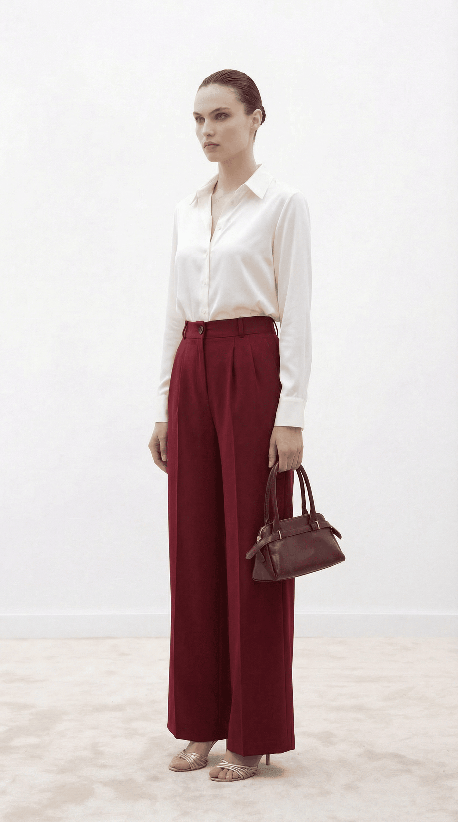 Bordo Yüksek Bel Pilili Wide Leg/Geniş Paça Dokuma Pantolon 25SWS5924 Palazzo
