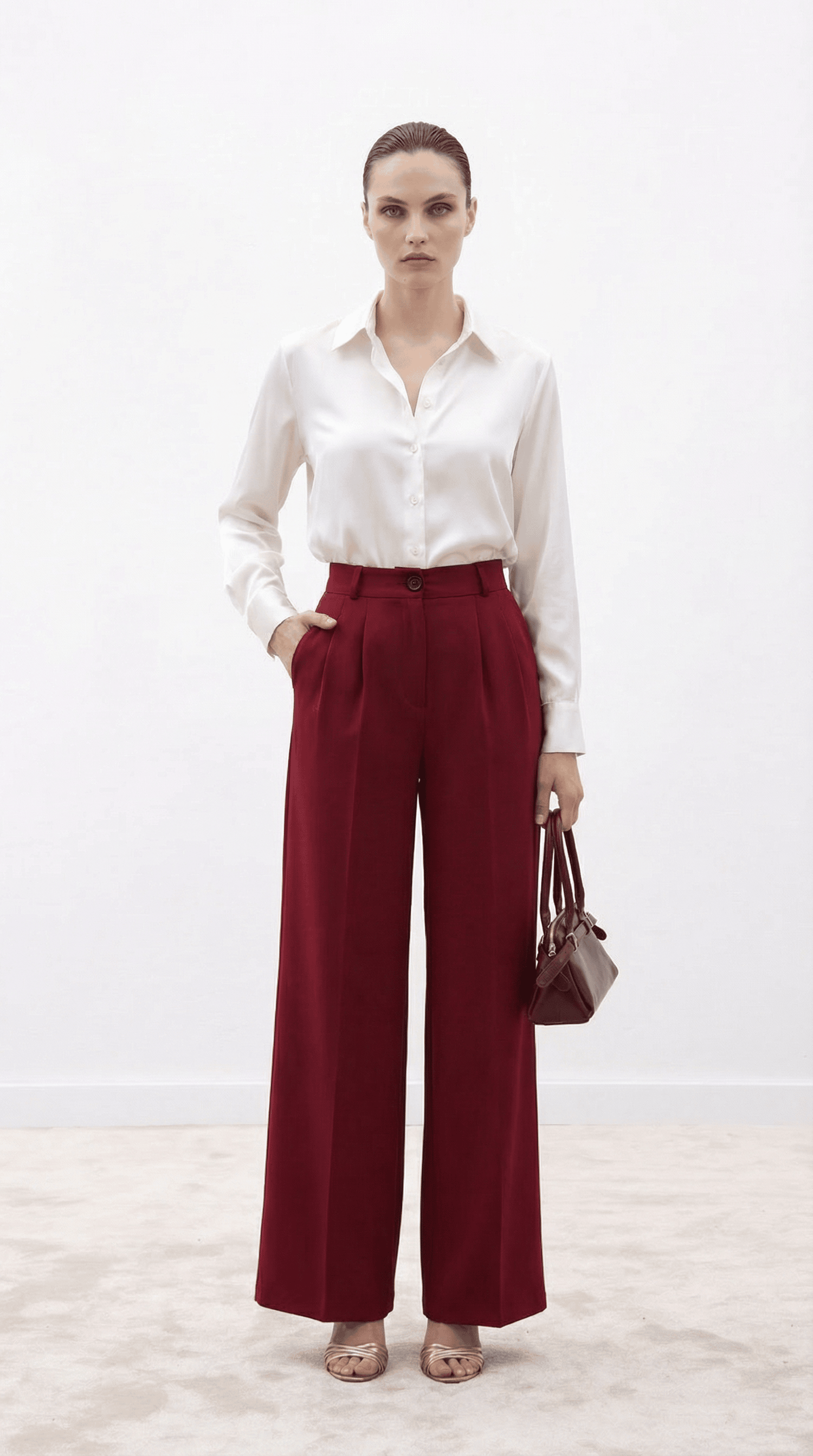 Bordo Yüksek Bel Pilili Wide Leg/Geniş Paça Dokuma Pantolon 25SWS5924 Palazzo