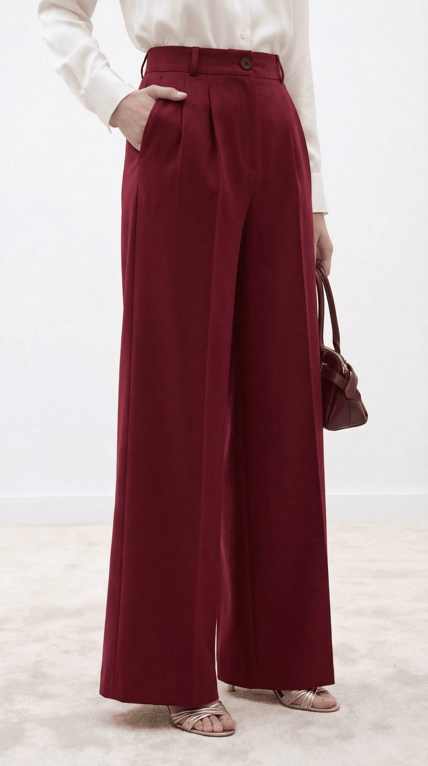 Bordo Yüksek Bel Pilili Wide Leg/Geniş Paça Dokuma Pantolon 25SWS5924 Palazzo