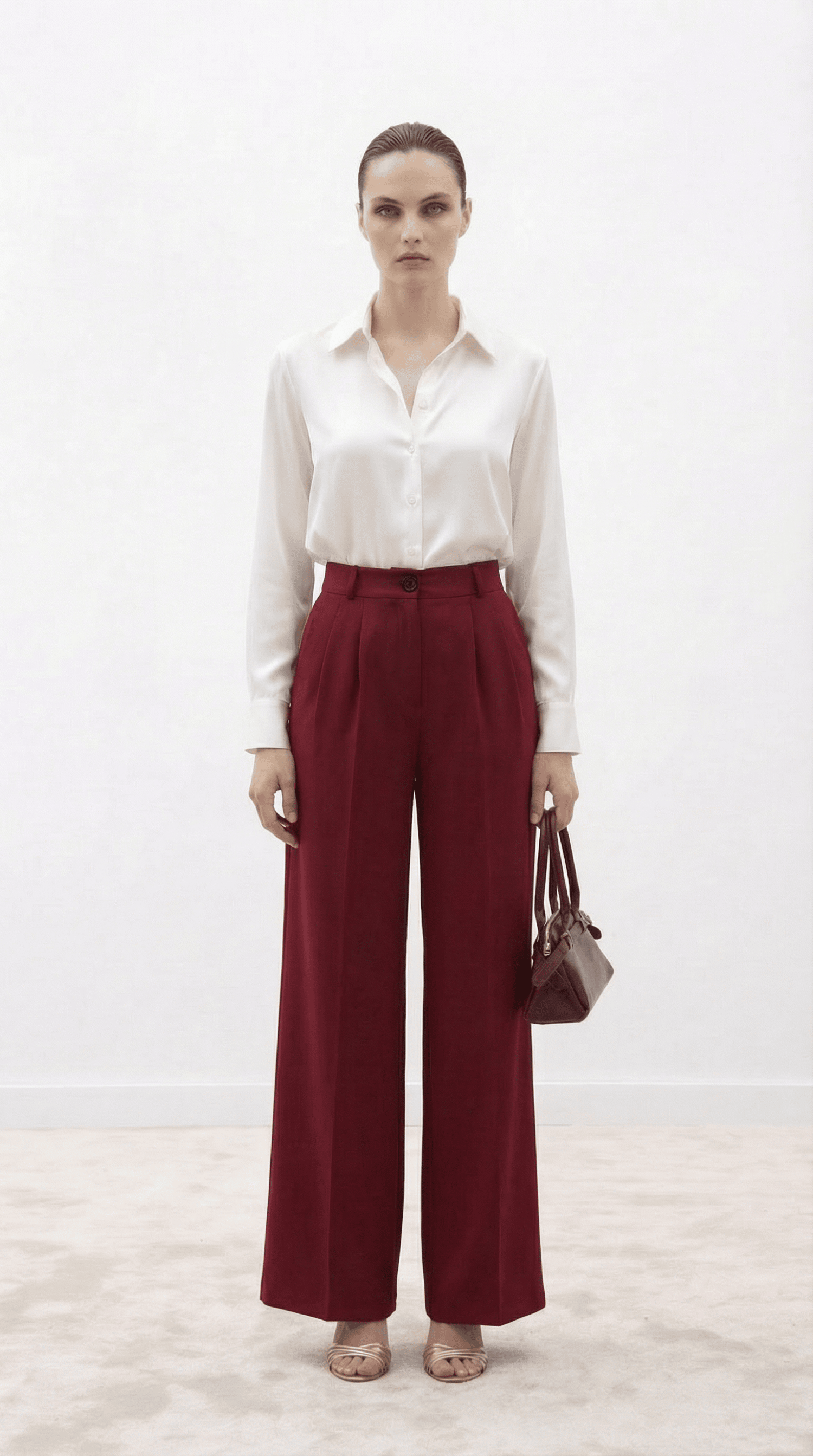Bordo Yüksek Bel Pilili Wide Leg/Geniş Paça Dokuma Pantolon 25SWS5924 Palazzo