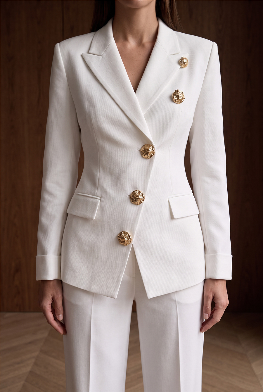 Celeste Gold Button Blazer Takım Beyaz
