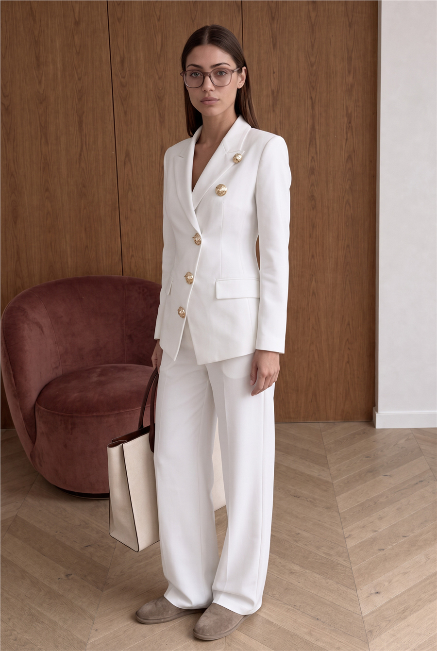 Celeste Gold Button Blazer Takım Beyaz