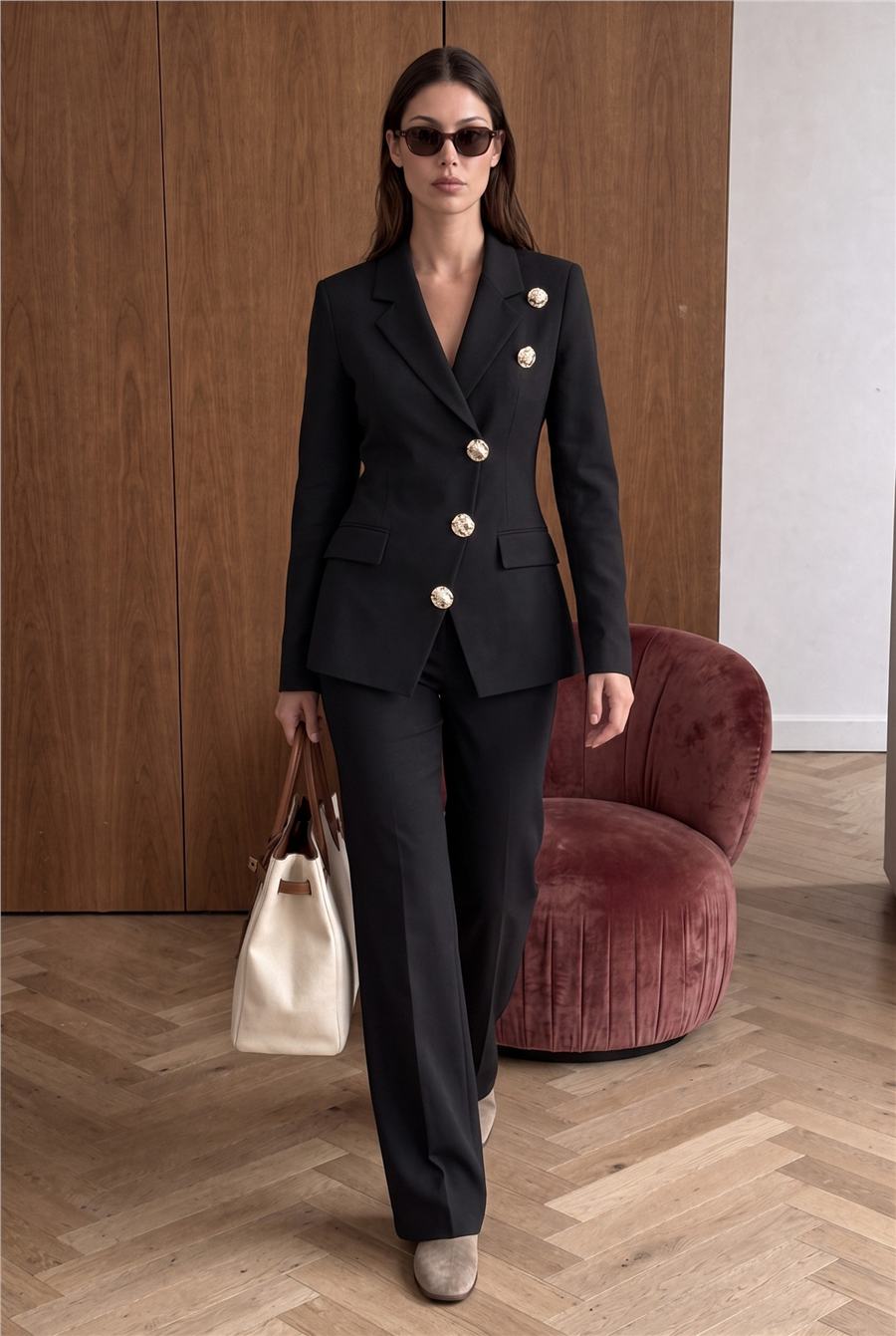 Celeste Gold Button Blazer Takım Siyah