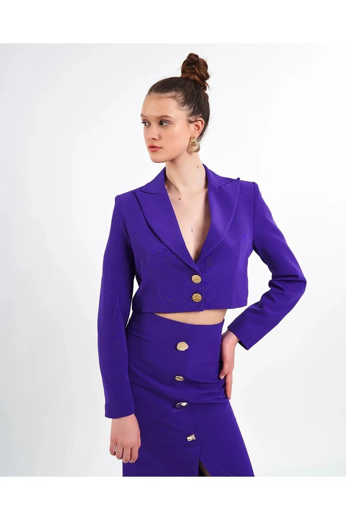 Crop Blazer Ceket Mor
