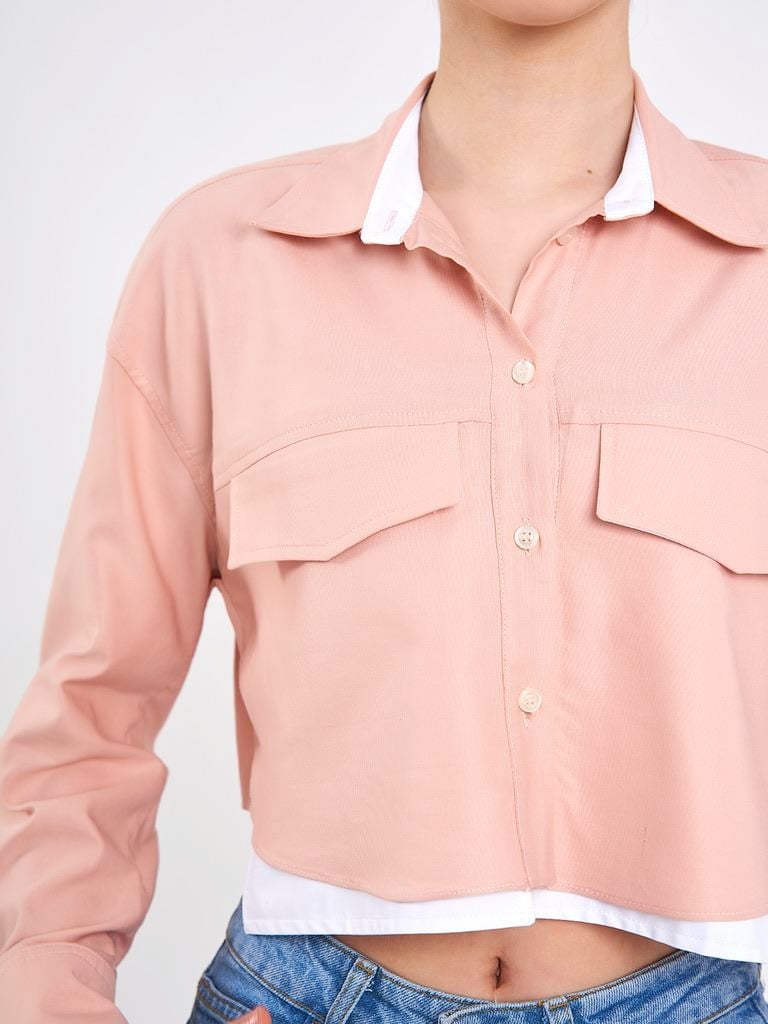 Crop Cepli Pembe Gömlek