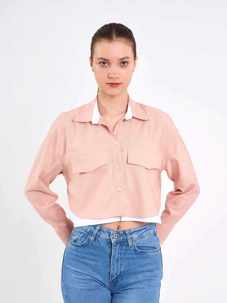Crop Cepli Pembe Gömlek