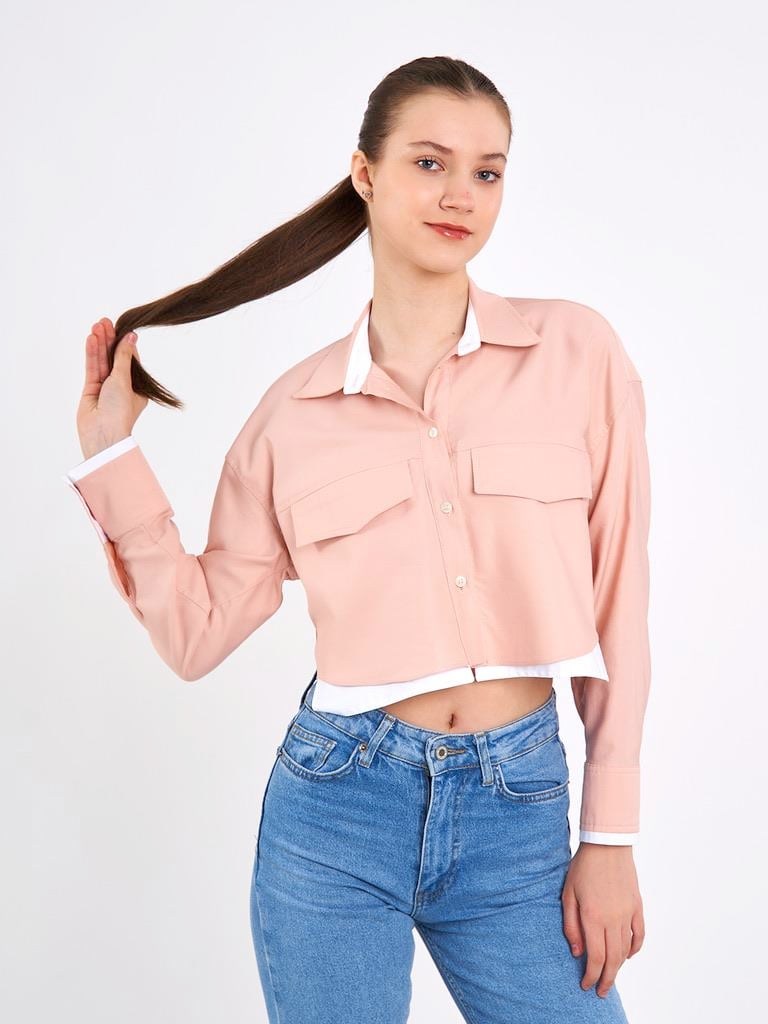 Crop Cepli Pembe Gömlek