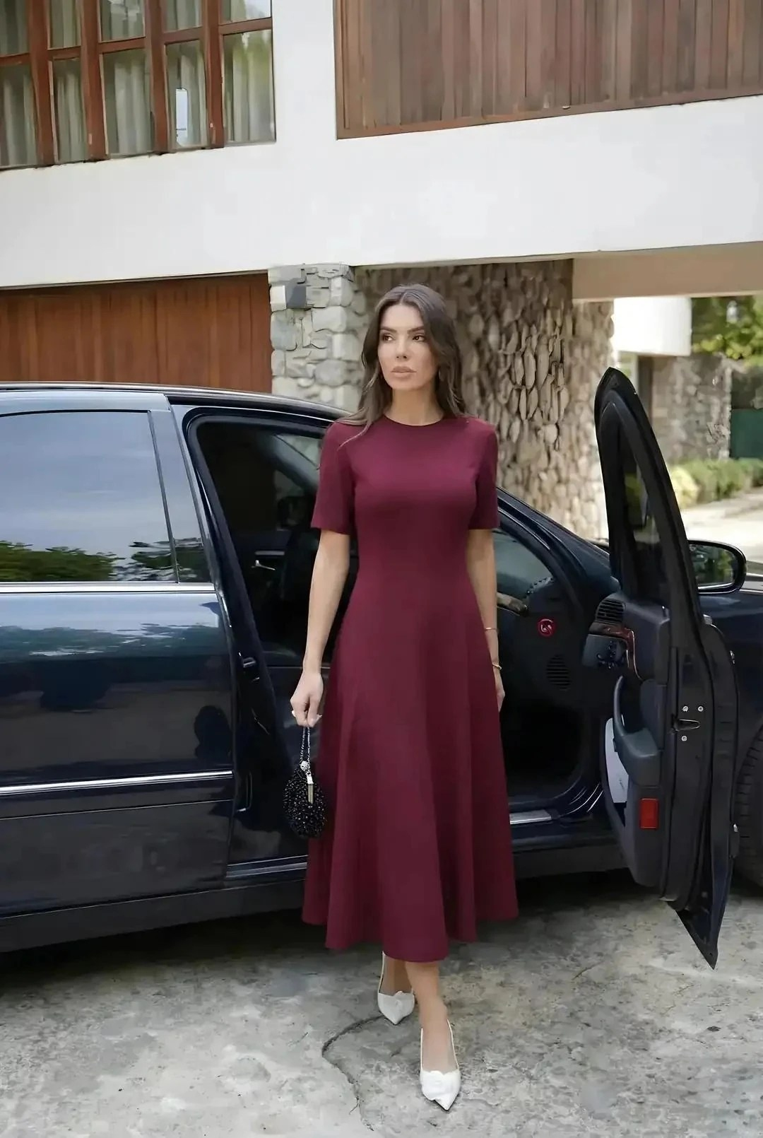 Dalie Midi Kloş Elbise Bordo