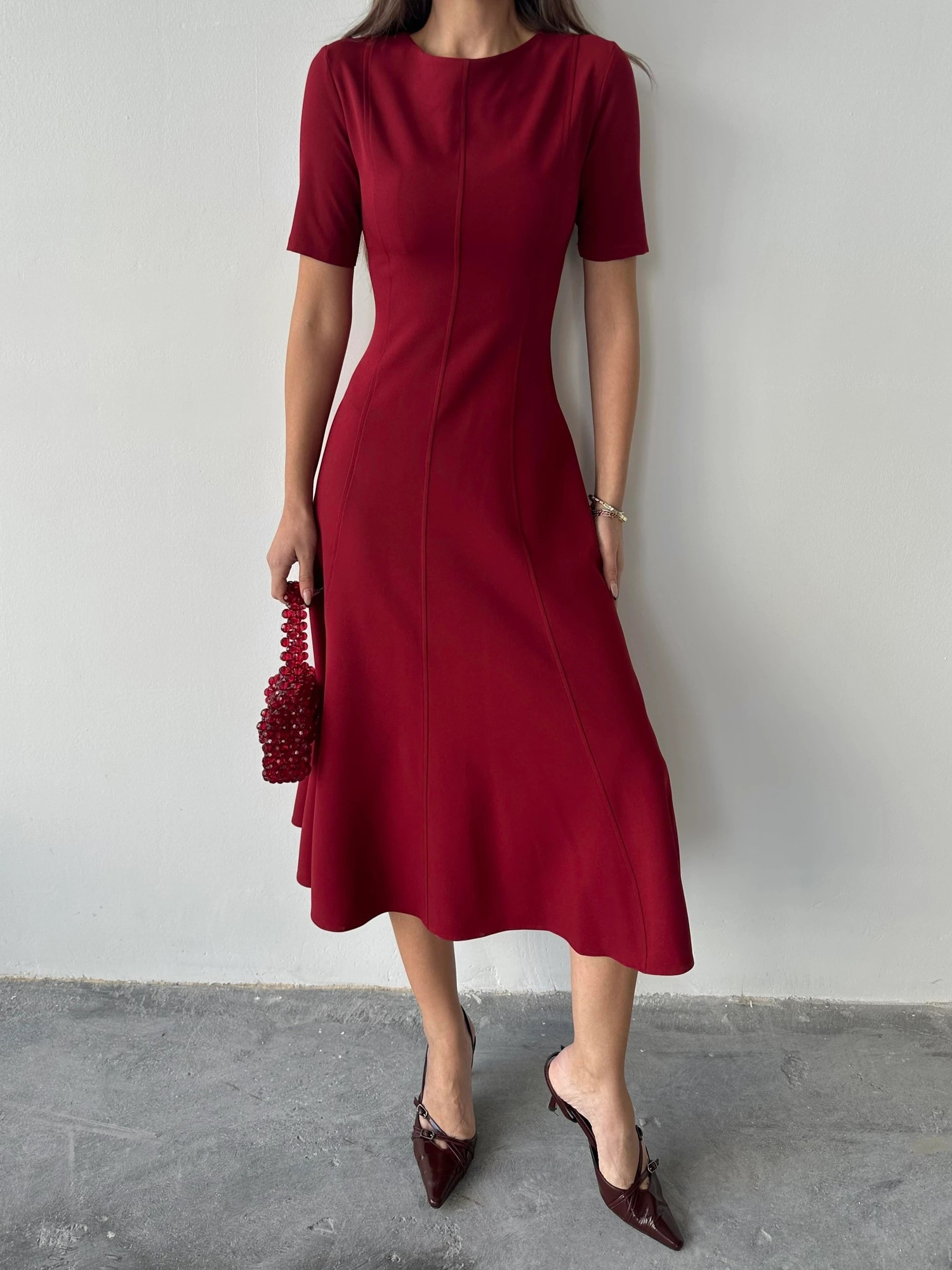 Dalie Midi Kloş Elbise Bordo