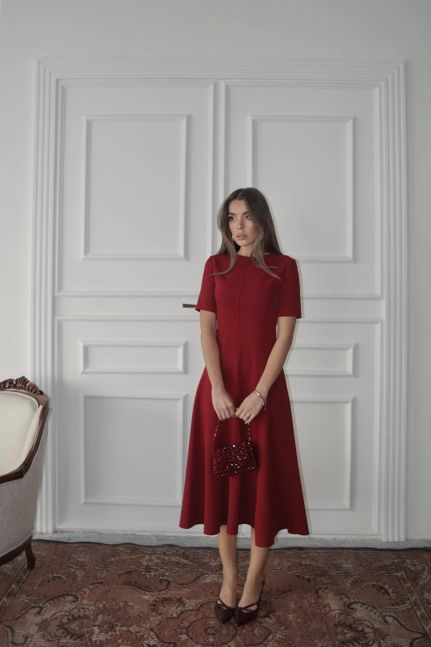 Dalie Midi Kloş Elbise Bordo