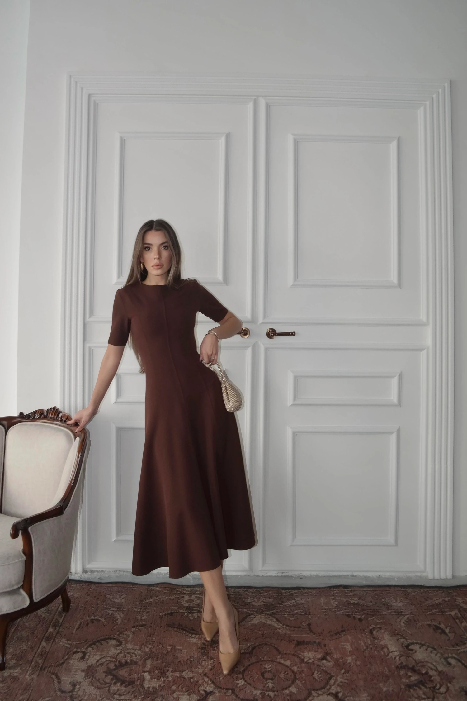 Dalie Midi Kloş Elbise Kahverengi