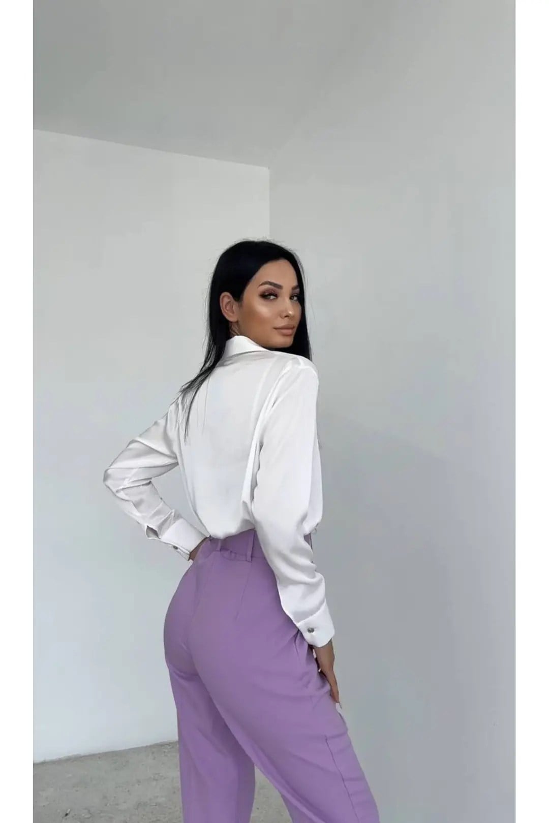Dar Paça Klasik Kemerli Kumaş Pantolon Lila